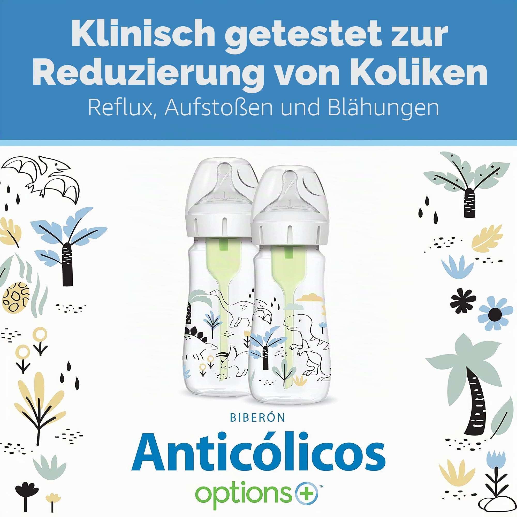 Dr. Brown's Natural Flow® Anti-Colic Options+™ Weithals-Babyflasche, Designer-Edition-Flaschen, Dino Decos, 270 ml, Level 1 Nippel, 2er-Pack, ab 0 Monaten