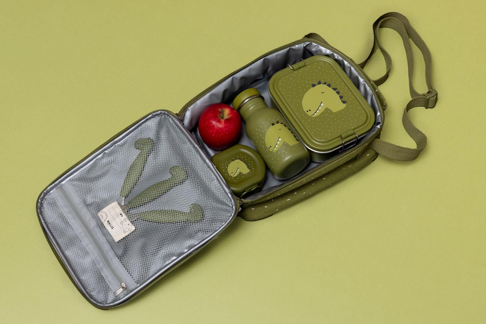 Trixie Sac à pain isotherme avec bandoulière, poche avant avec fermeture éclair, étiquette nominative, pour enfants à l'école, à la maternelle et à la crèche (Mr Dino)