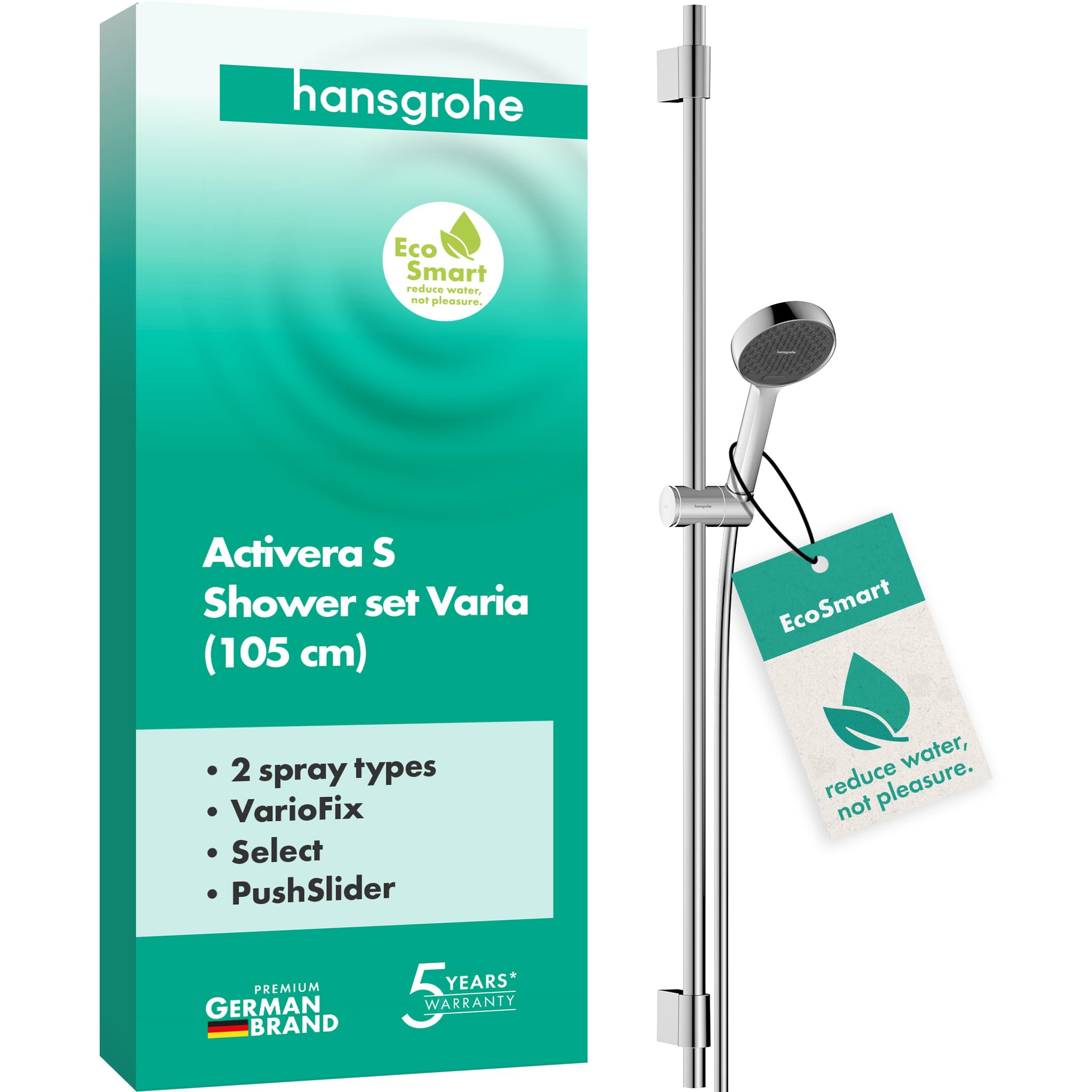 hansgrohe Activera Select S - Duschset mit Duschkopf wassersparend (EcoSmart, 2 Strahlarten), Duschschlauch (1,60 m) und Duschstange (105 cm) mit variablem Bohrlochabstand, Chrom, 28050000