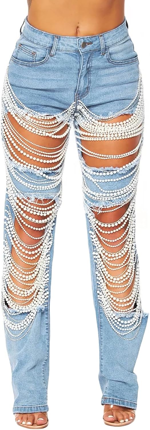 Recious Womens Sexy Ripped Distressed Destroyed Rhinestones Pearls Chain Party Clubwear Denim Pants Jeans