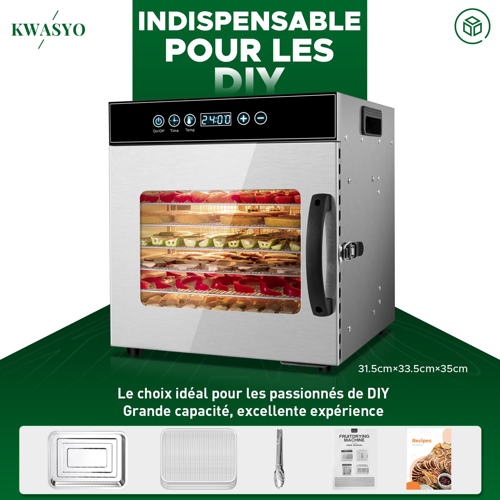 Kwasyo 8 Plateaux Deshydrateur Alimentaire en Acier Inoxydable, avec Température Réglable 30 à 90°C et Minuterie Numérique (0-24h), pour Fruits, Poisson, Légumes, Viande, Jerky, Herbes