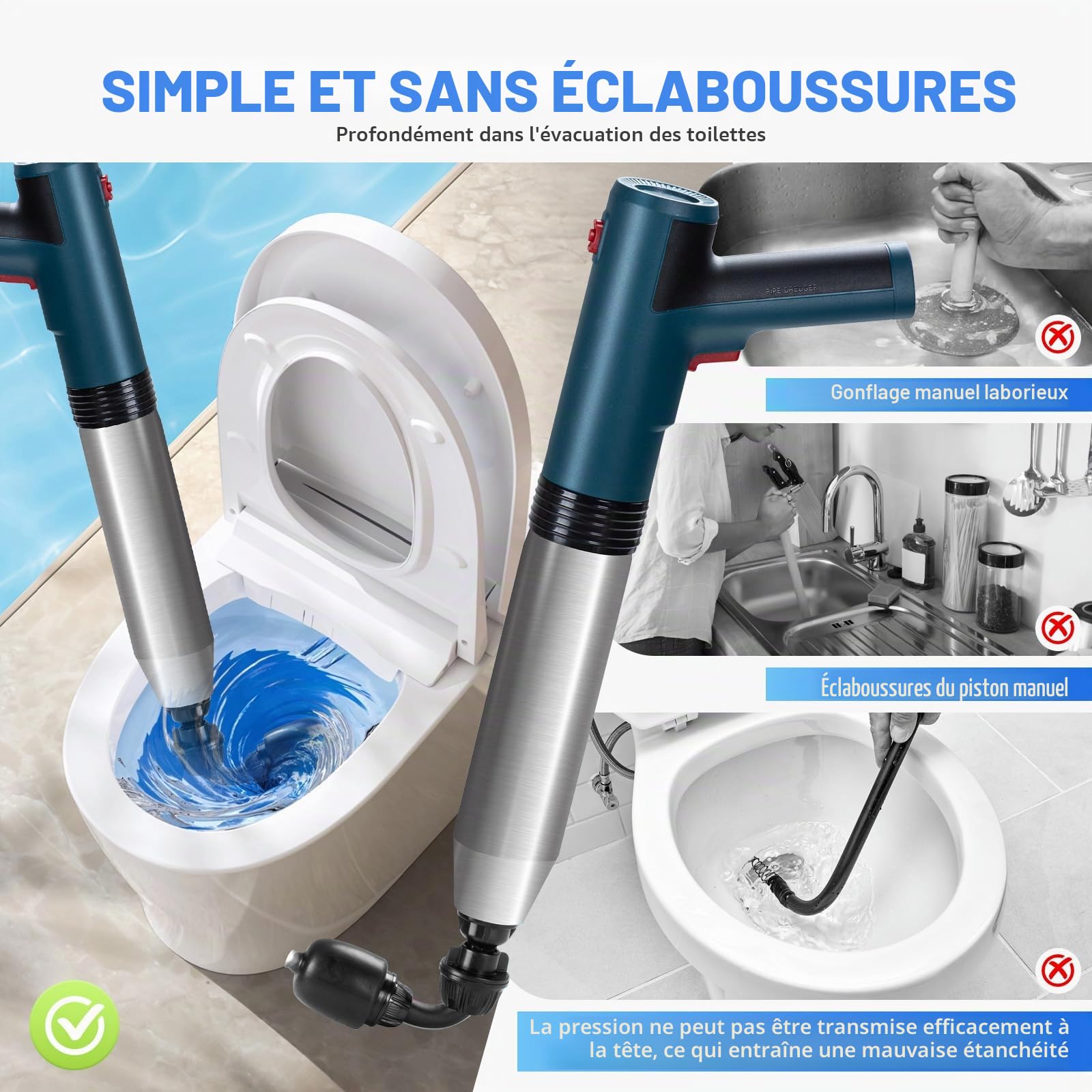 Deboucheur Canalisation Professionnel avec Baromètre, Déboucheur Canalisation avec 4 Ventouses, Gants et Pince à Griffes, Électrique Deboucheur WC pour Toilettes, Tuyaux de Cuisine