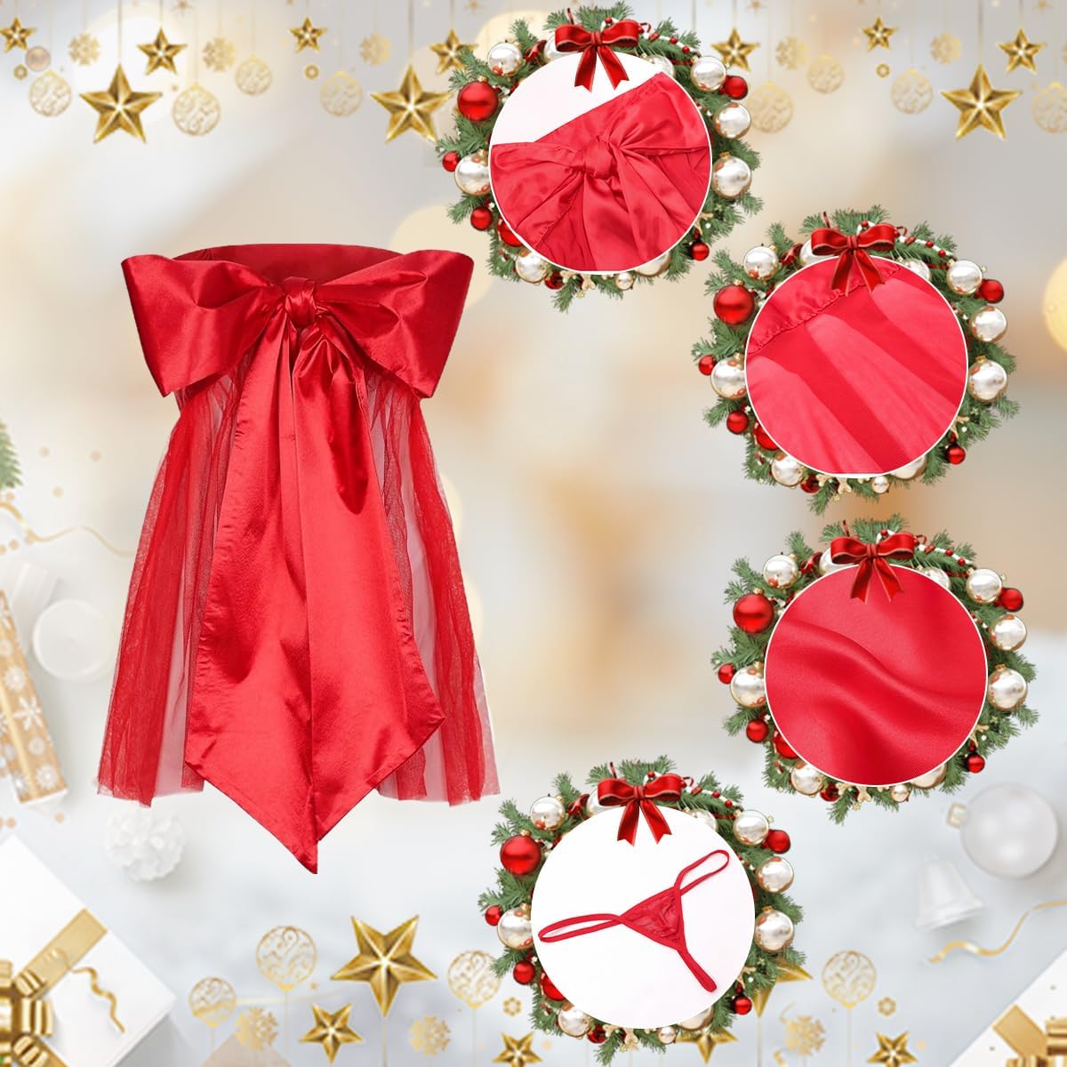 Sexy Christmas Lingerie Mesh Chemise Santa Babydoll Tube Top Dress Women Big Ribbon Bow Teddy Nightdress with G-String Red - Image 3