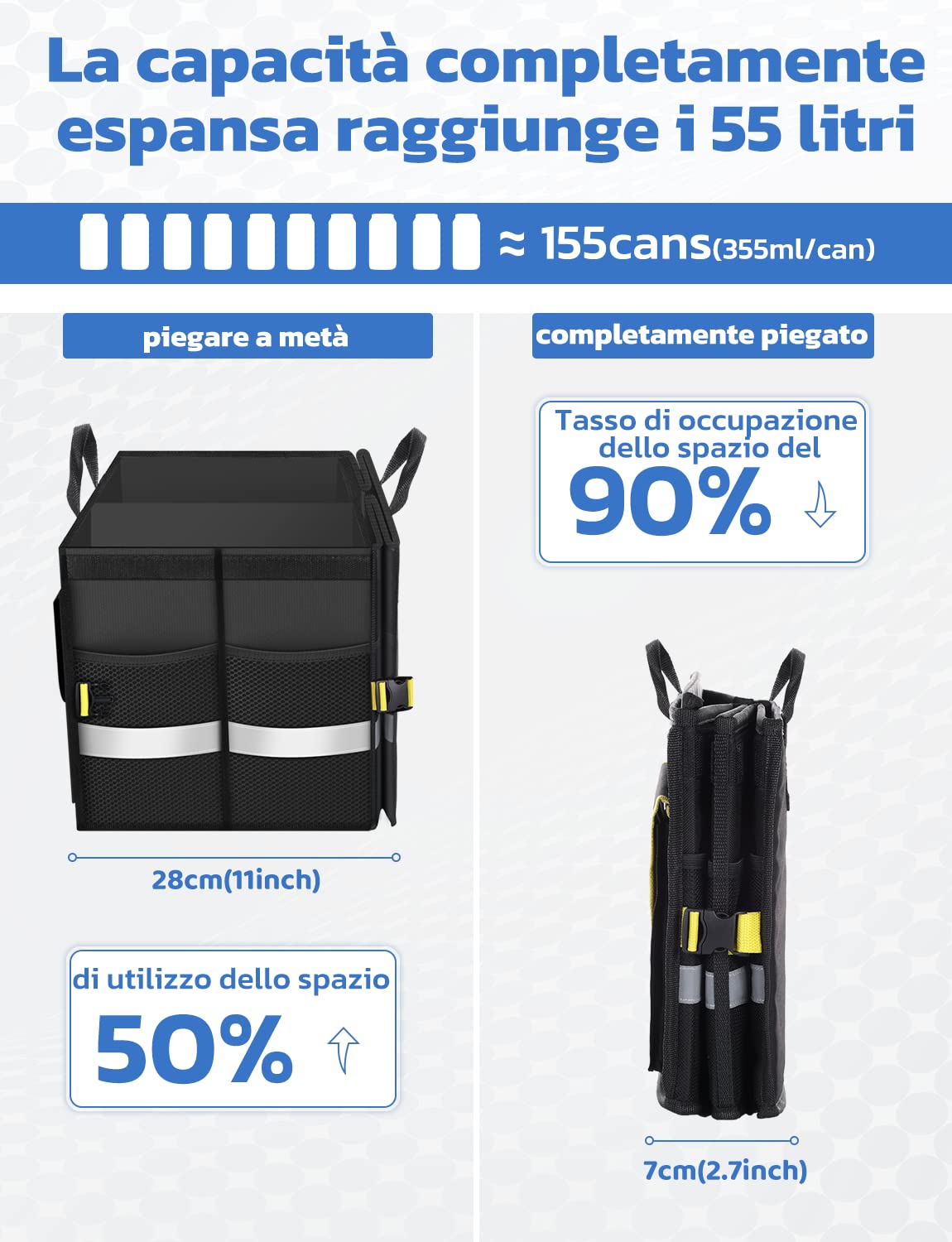 oasser Organizer per Bagagliaio Auto Waterproof 55L 600D Tessuto Oxford Organizer per Bbaule Pieghevole Multiscomparto Antiscivolo con Base Robusta Borsa per Bagagliaio Nero