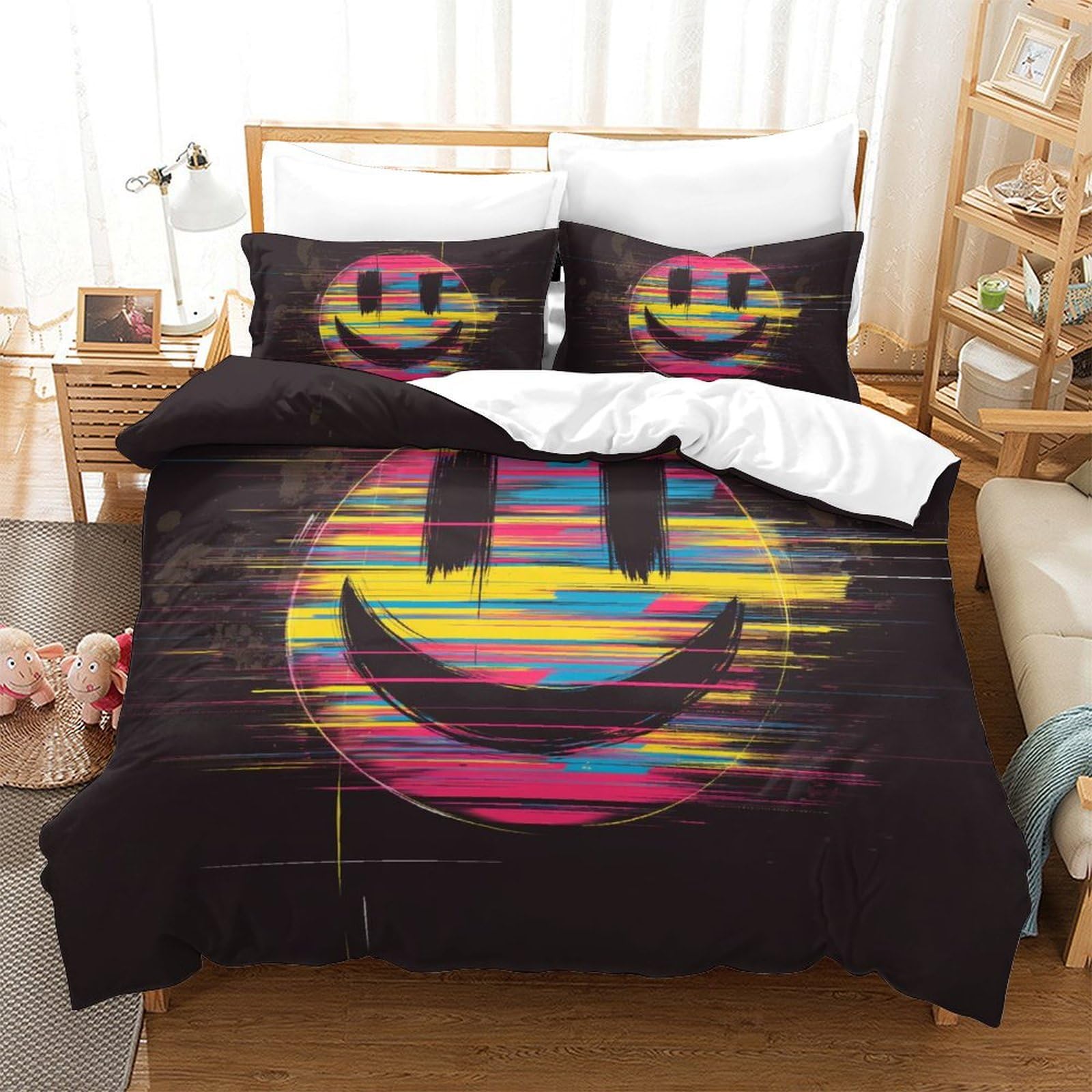 Housse de couette smiley 3D 260x220cm avec taies d'oreiller