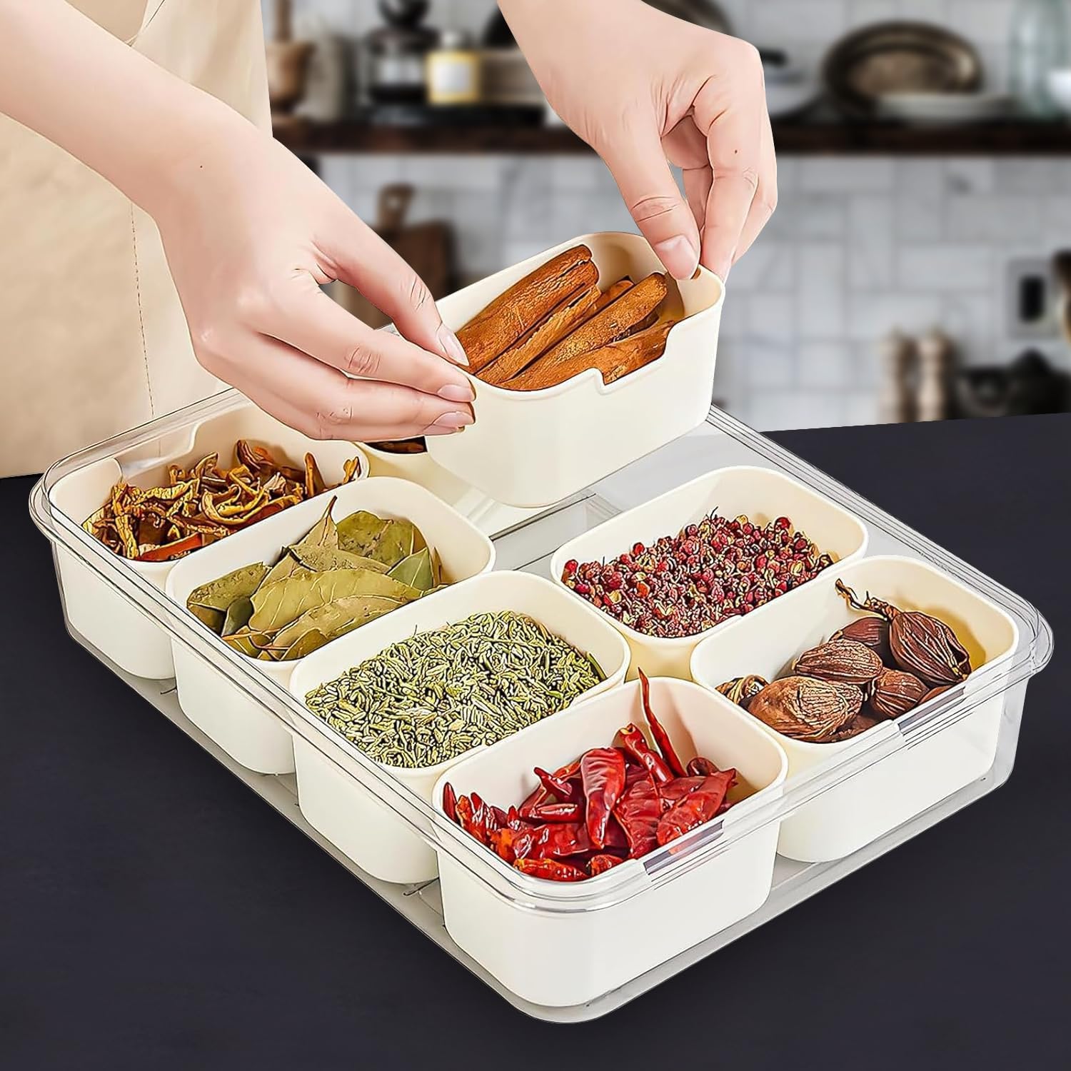 Divided Serving Tray with Lid and Handle, 8 Grids Food Storage Container for Candy, Snacks, Fruits, Nut, Lazy Susan Serving Platter, Multipurpose Divided Snack Box, Plastic Spice Box, Milky white