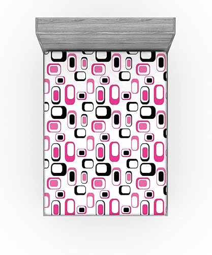 Miniatura 2 de Ambesonne Geometric Fitted Sheet, Sixties Ornamental Old Fashioned Shapes in Vintage Design Elements Image, Bed Cover with All-Round Elastic Deep