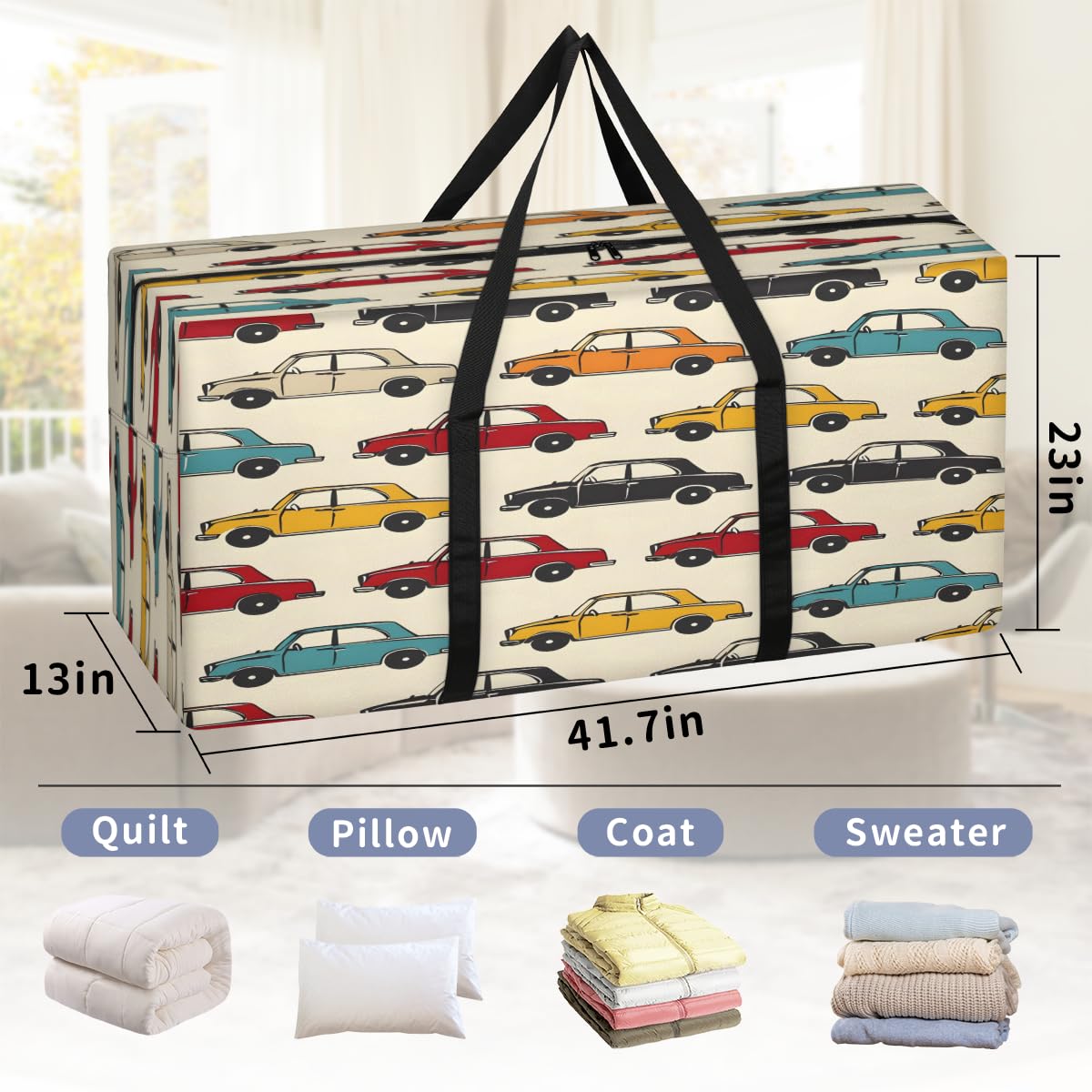 Adornori Cars Extra Large Moving Bags with Zippers & Carrying Handles, XXL Heavy-Duty Storage Tote Moving Boxes for Space Saving
