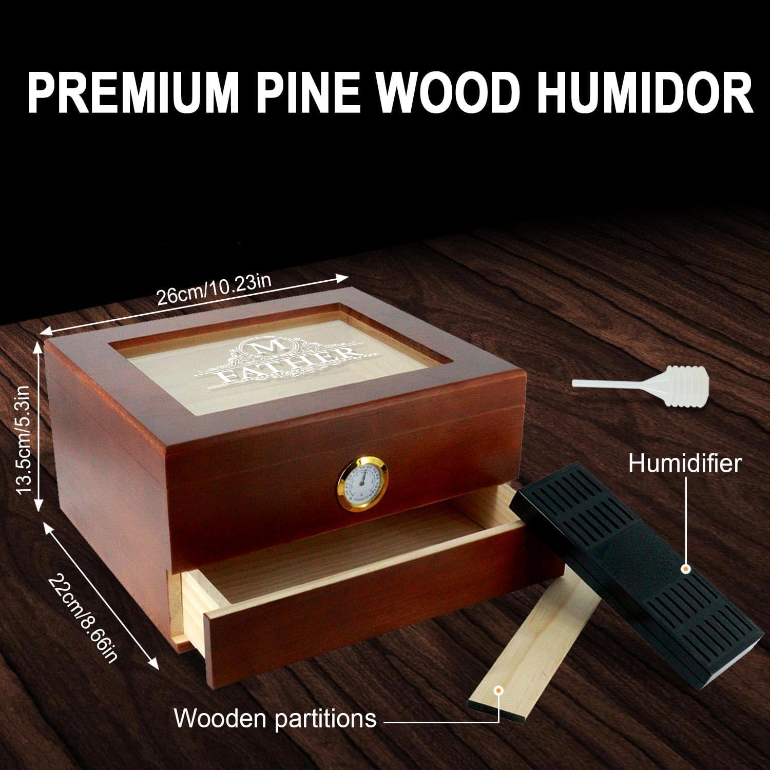 Custom Cigar Box Gift for Men/Women. Glass Top Tabletop and Storage Drawer with Hygrometer,Personalized Cigar humidor Gifts for Birthday/Valentine's Day/Father's Day-Engraving in the USA