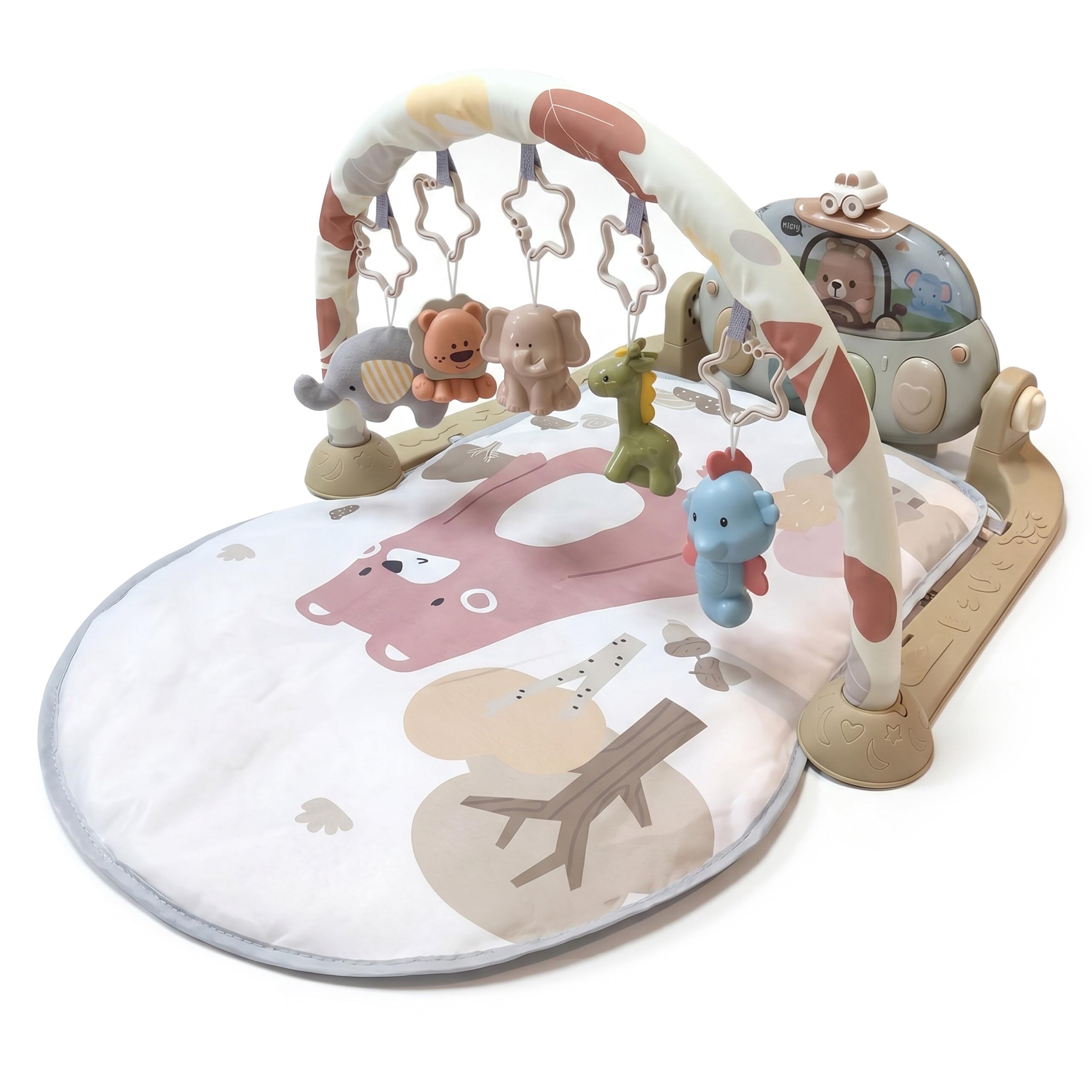Relaxdays Arco de Juego con Juguetes, música y Luces, 42 x 64 x 80 cm, Tela, Gimnasio para bebés, Alfombra Oso marrón