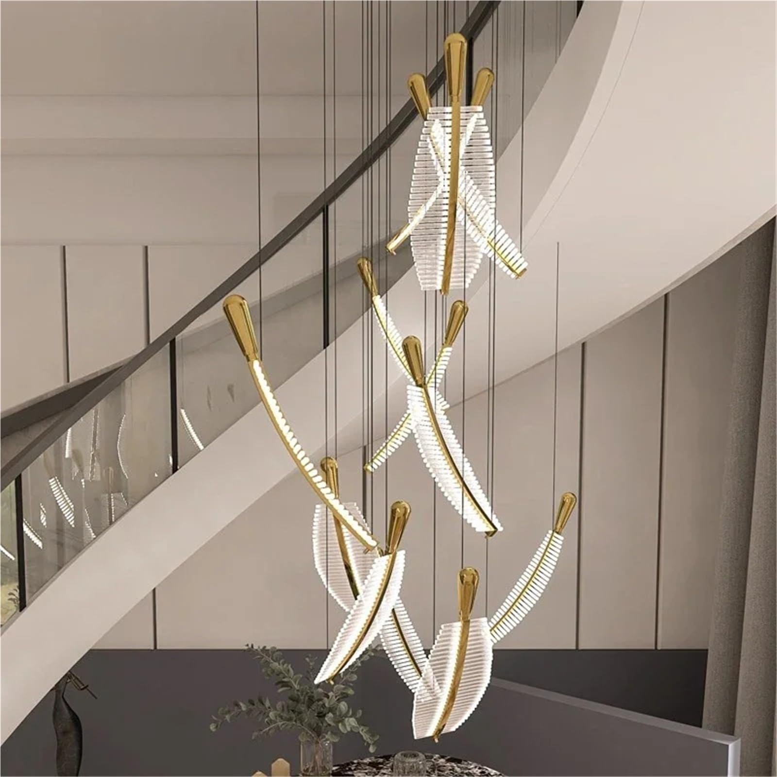 Lámpara de araña LED Moderna y Larga para Escalera, diseño de Plumas de Lujo, lámpara Colgante de Cristal, lámpara Dorada de Gran tamaño para recibidor.