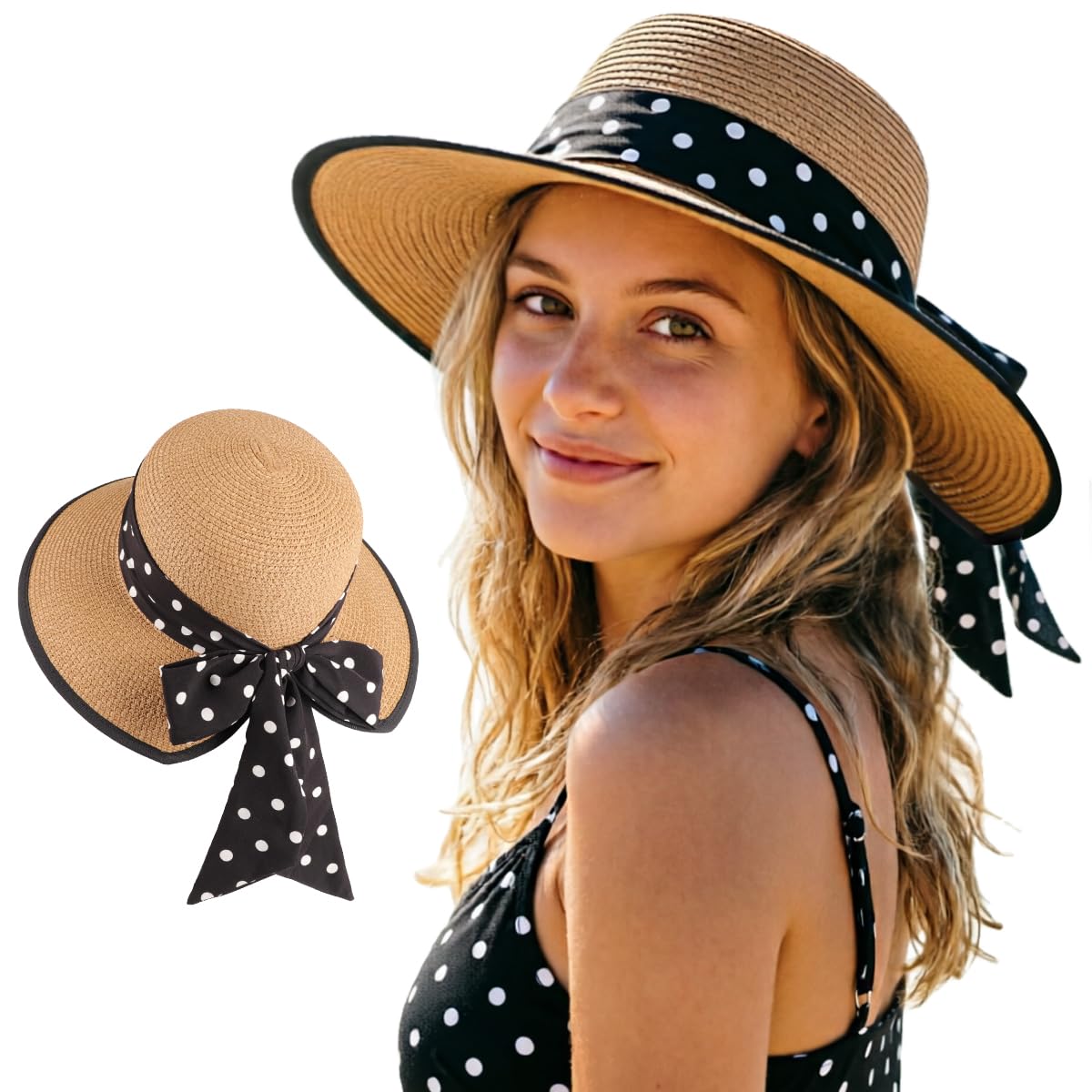 DRESHOW Sun Hats for Women Travel Fedora Foldable Beach Sun Hat Summer Wide Brim Straw Bucket Hat with Bowknot UPF 50+