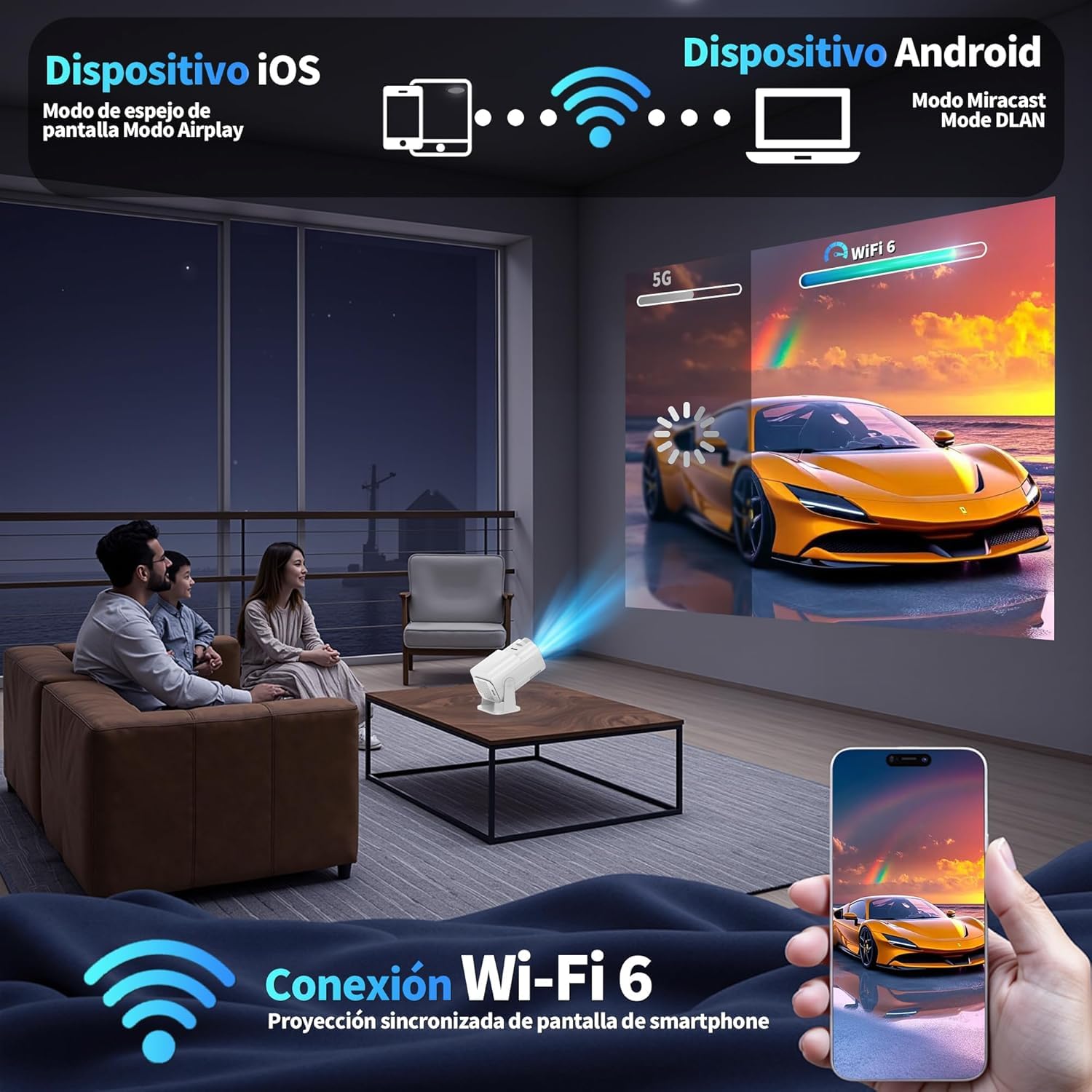 [App Integrada] 2026 Upgraded Mini Proyector 4K 1080P Proyector Vídeo con WiFi 6 Bluetooth 5.2 Support Gira 270° Corrección Trapezoidal Automática para HDMI/Stick/TV PC/USB, Blanco