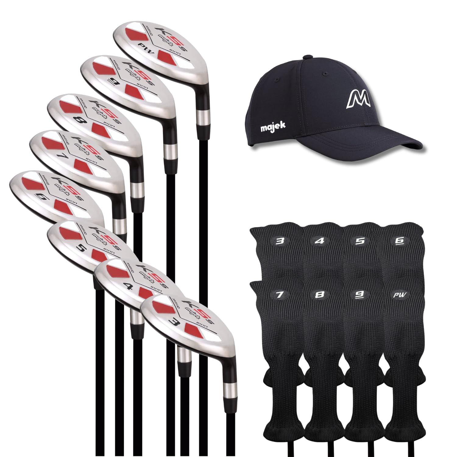 Right Handed Majek K5s Hybrid Set Senior Men's Standard with Midsize Grips Includes 3-PW Clubs with Black Hybrid Headcovers and Black Majek Golf Hat