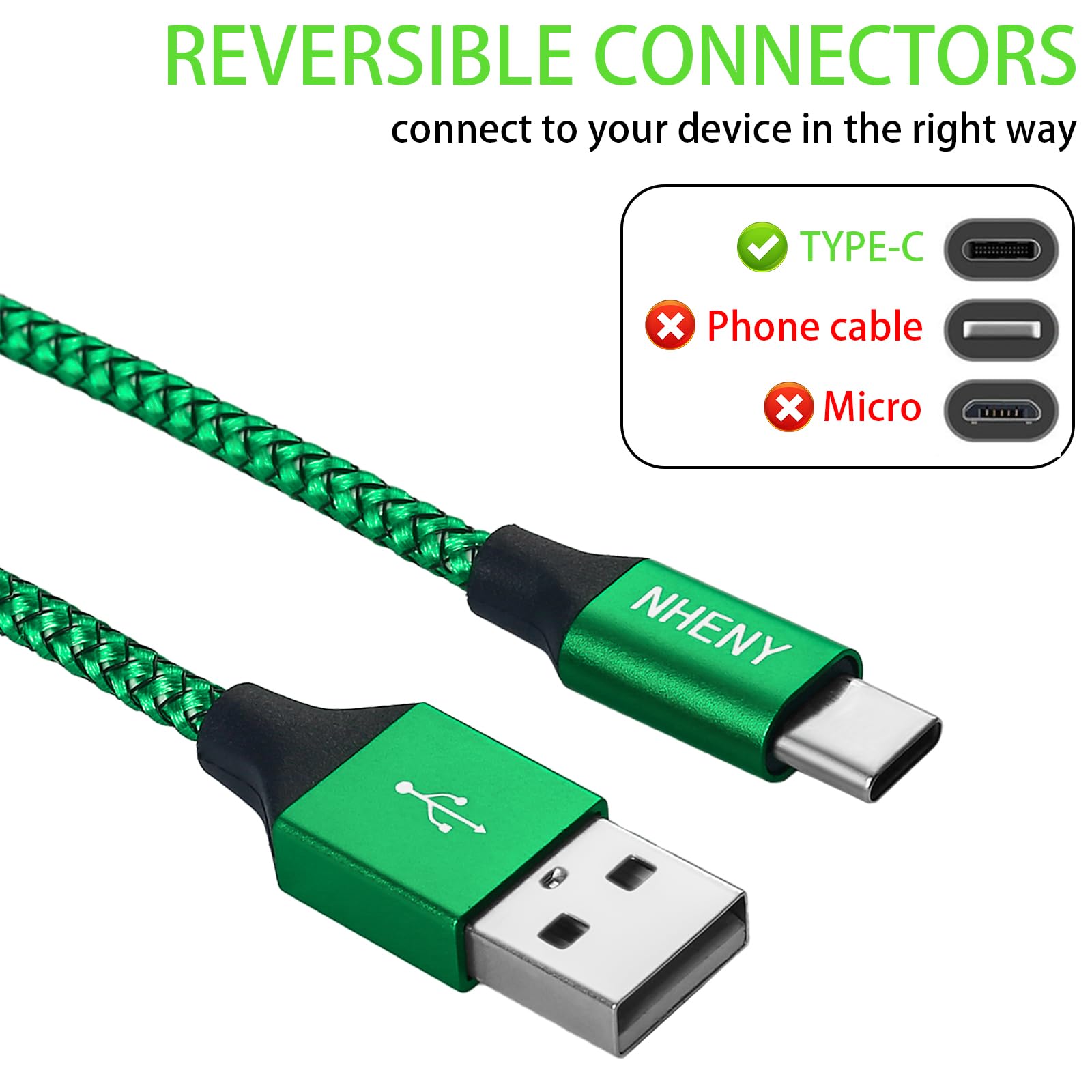 Cavo di ricarica di tipo C verde USB C Premium in nylon lucido intrecciato cavo di ricarica rapida, confezione da 4 pezzi, 3 m, 0,8 x 1,8 m, 0,9 m, per telefono serie 15/16 Plus, Note 10/S10, LG