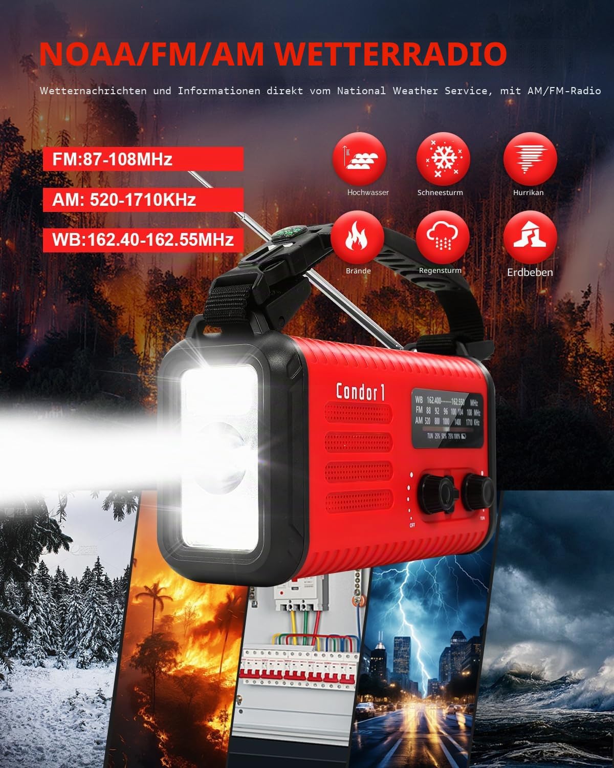 20000mAh Kurbelradio, tragbares Solar-Notfallradio mit AM/FM-Empfang, SOS Alarm, LED-Leselicht und Taschenlampe, USB-Telefonladegerät, Notfall, Stromausfall (Rot)