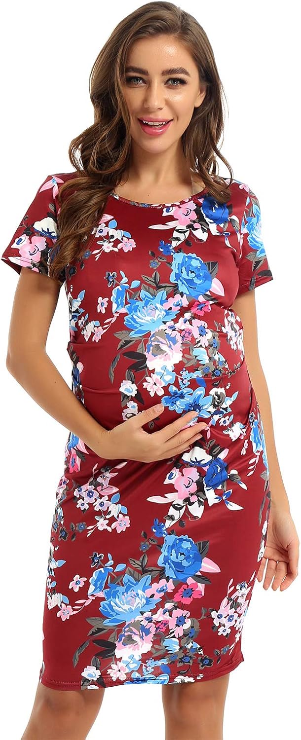 iiniim Women's Maternity Flower Printed Bodycon Causual Short Sleeve Mama Dress