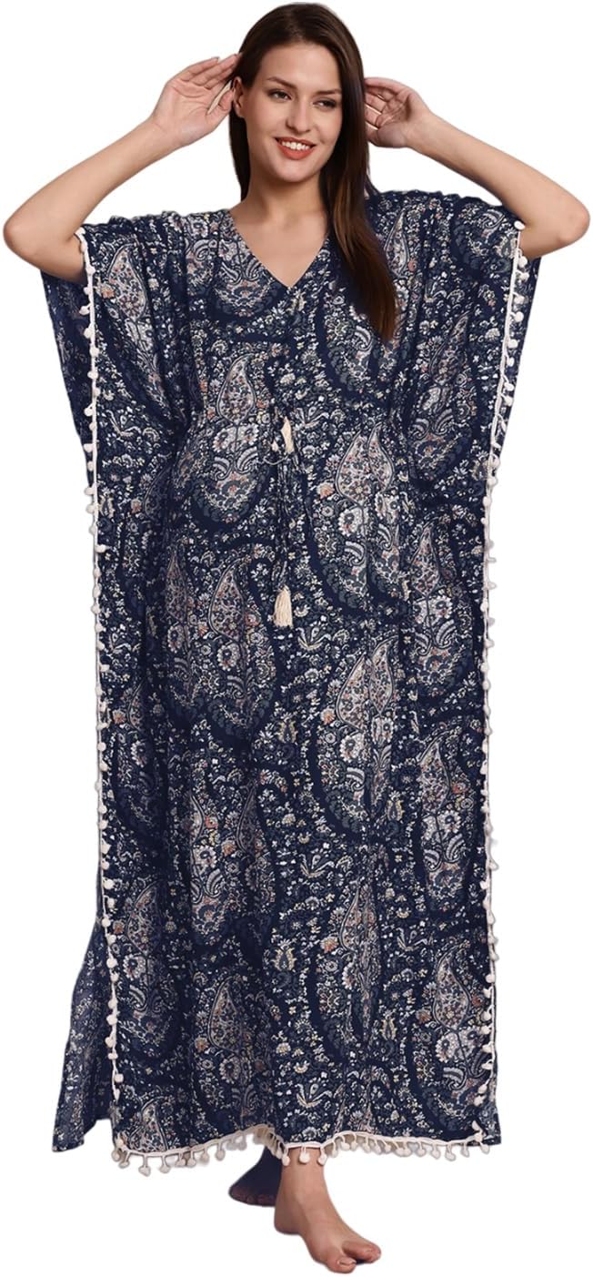 Rayon Maternity Kaftan Nighty/Free Size/Feeding/Nursing/Zipper/Drawstring/Screen Print/Full Length