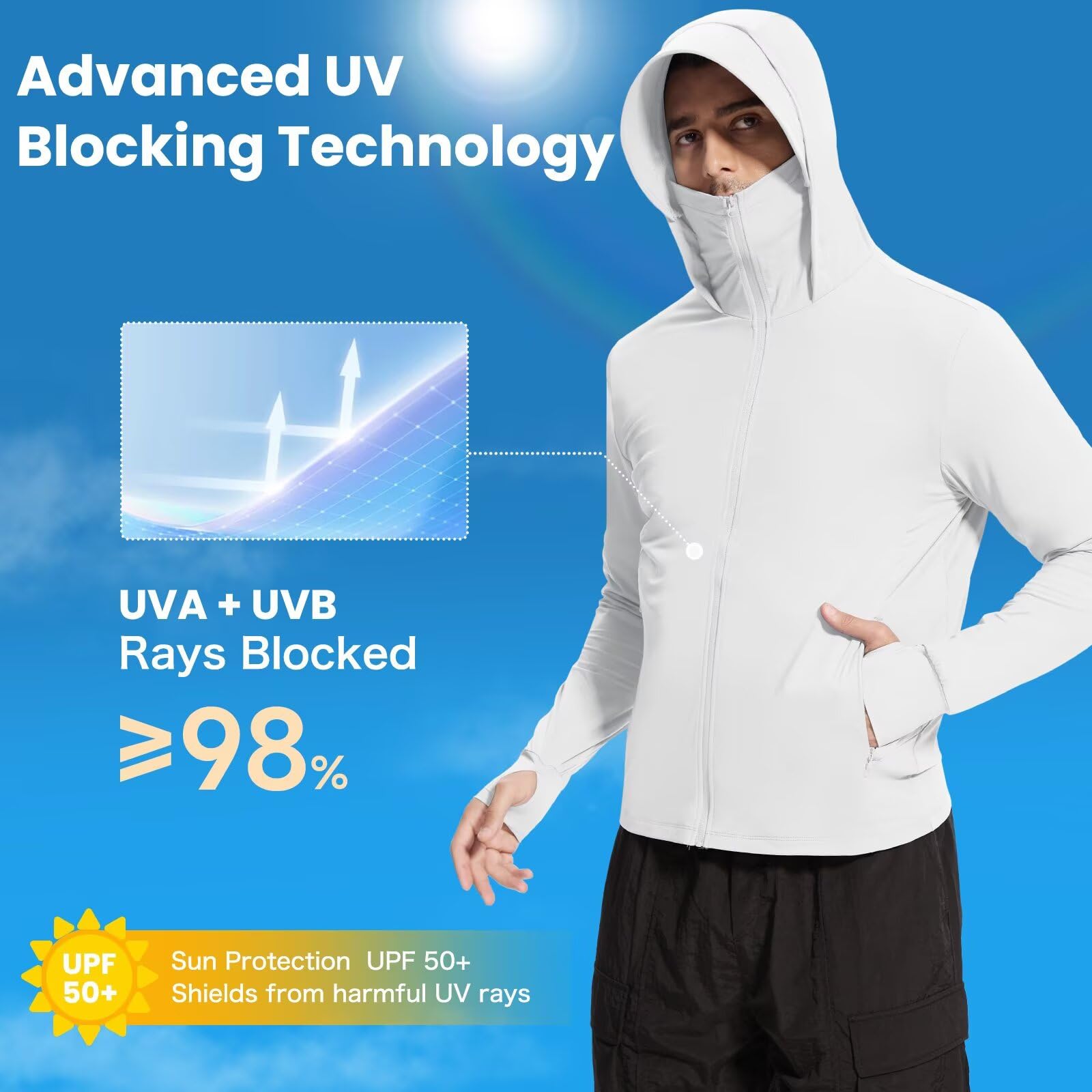 Camisas de protección solar UPF 50+ para hombre, con capucha, con bolsillo, manga larga, UV, para pesca, senderismo