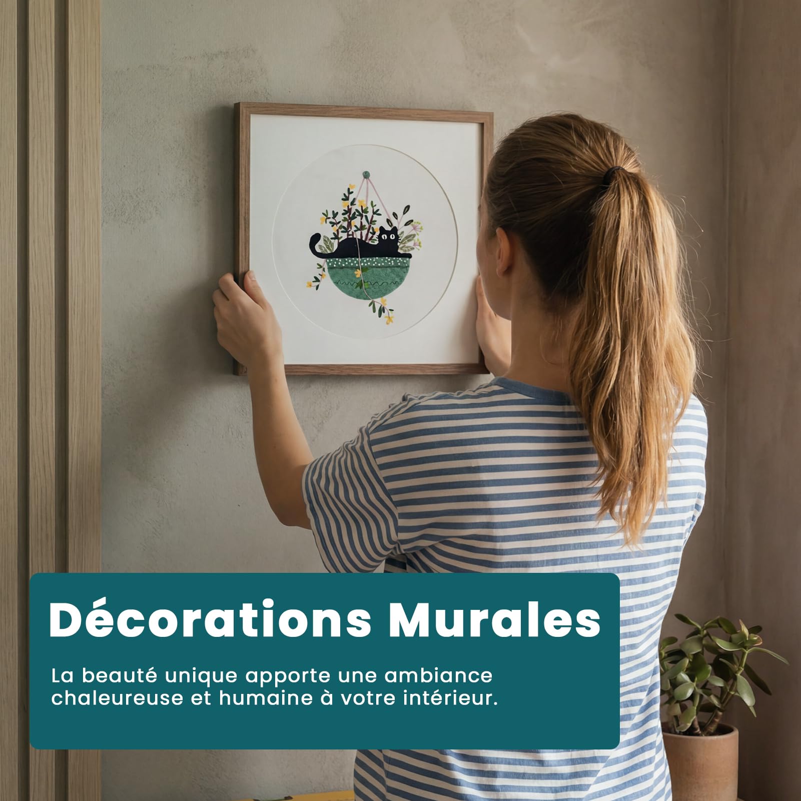 Homwiz Kit Broderie Debutant, 4 Kits de Broderie pour Motifs Floraux et Végétaux, avec 2 Cercles en Bambou Fils Colorés Instructions Aiguille Ciseaux pour Enfants Artisanat DIY (Havre des Chats)