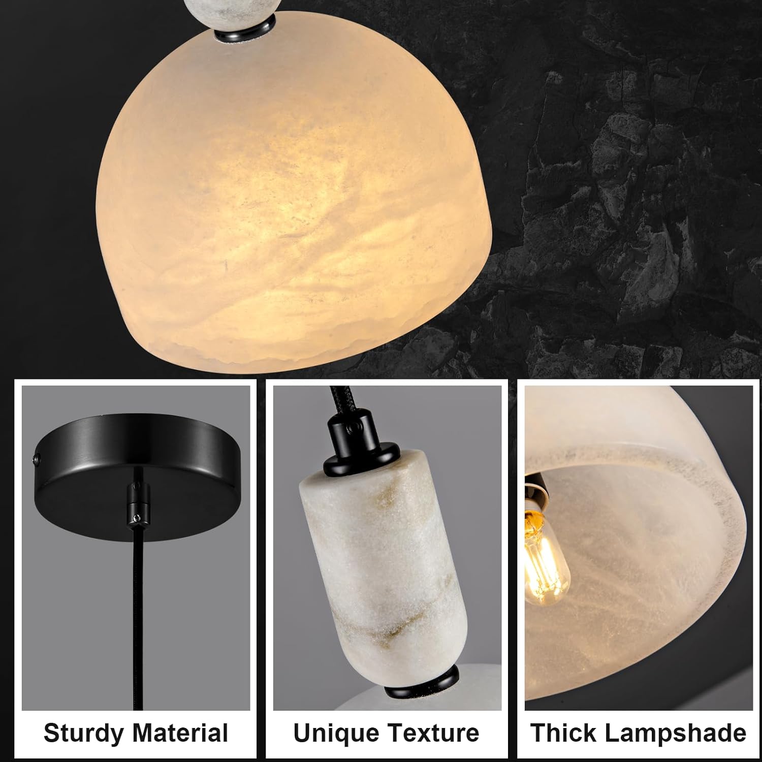 Black Alabaster Pendant Lights Kitchen Island - White Marble Shade Lighting Fiixture - Perfect for Bedroom Bathroom Dining Room Living Room Over Table 7.9",2PCS