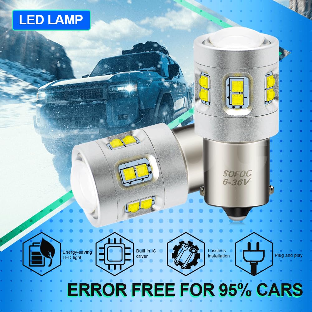 SOFOC 1156 BA15S Ampoule LED Blanc Froid Feu de Recul/DRL Avec Lentille Condenseur 6V 12V 24V Fit AC/DC 6-36V 1000LM 400% Plus Lumineux que Halogène P21W 15SMD 2Pcs