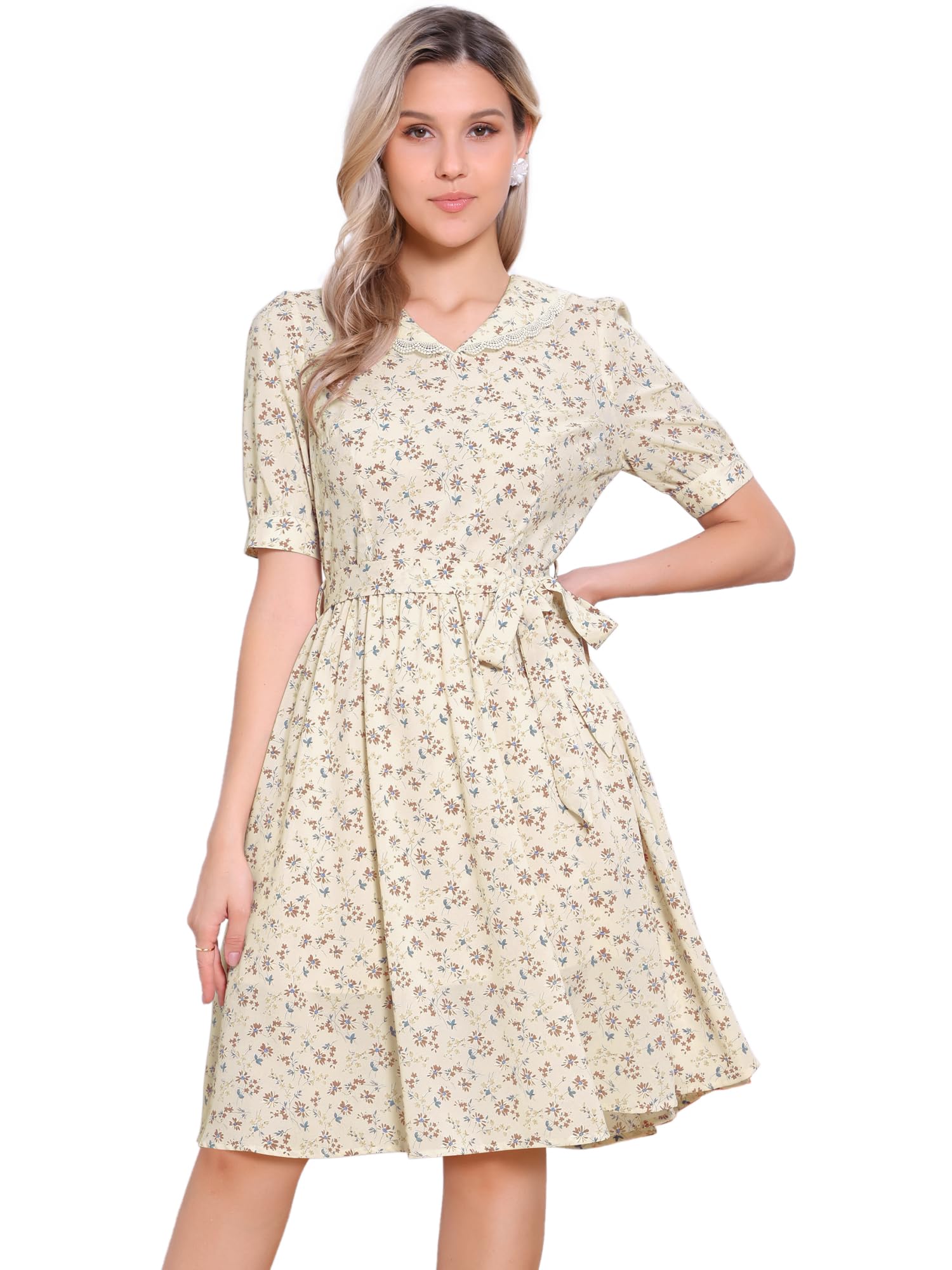 Allegra K Womens Vintage Peter Pan Collar Flowy Midi Floral Dress