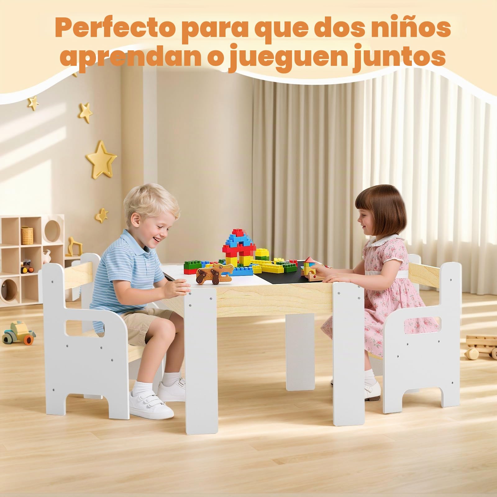 Juego de mesa y silla para niños, juego de mesa y silla de madera 5 en 1 para niños, doble superficie, construido para dibujar, leer y manualidades