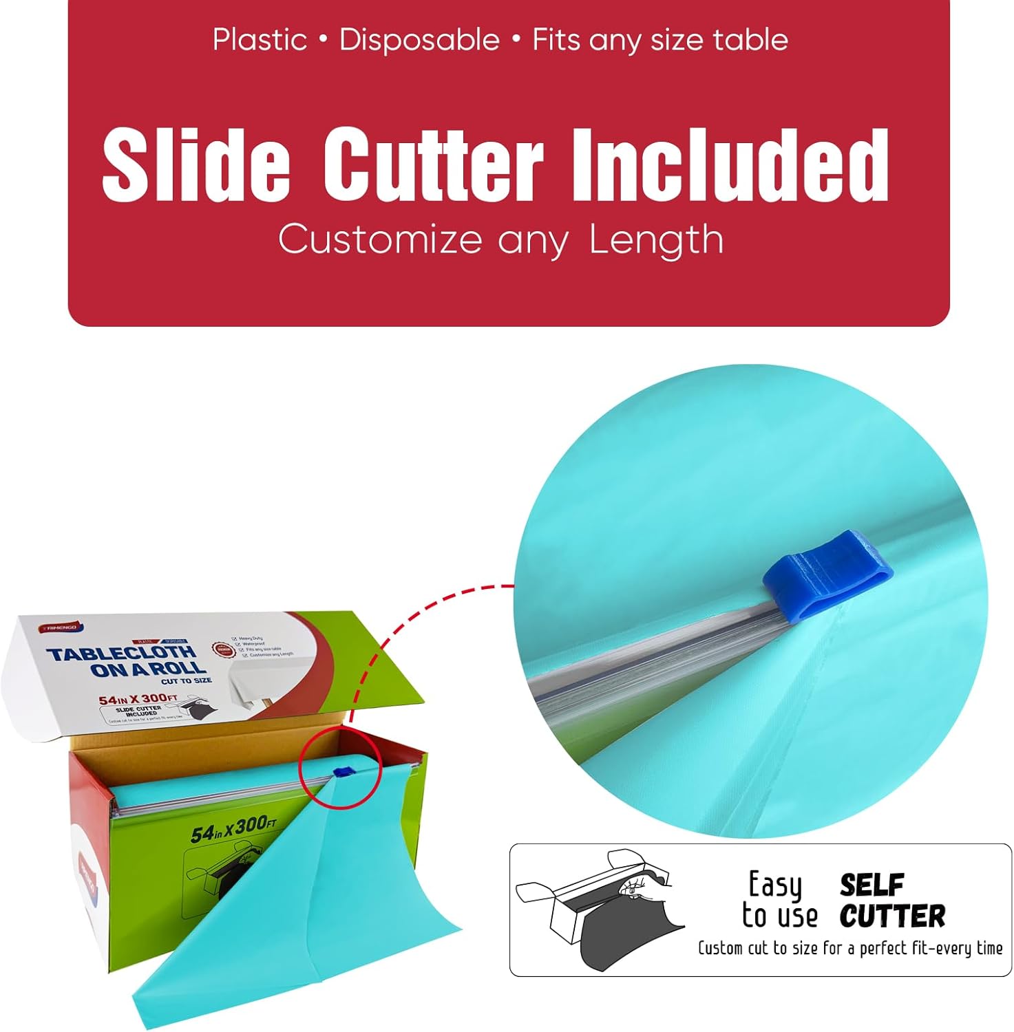 54in x 300Ft Aqua Plastic Table Cloth Roll with 18 Pcs Stainless Steel Clips, Disposable Table Cover Roll in A Cut-to-Size Box with Slide Cutter, Tablecloth for Parties, Birthdays, Picnics