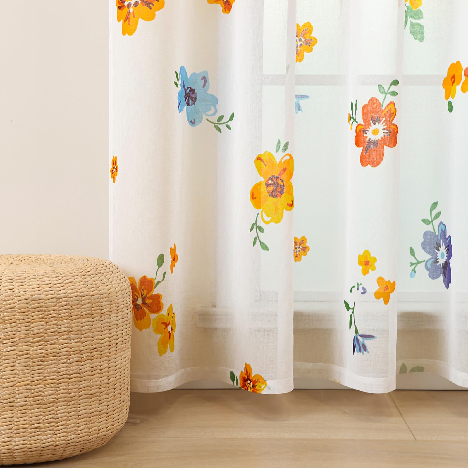 L.Z.E Lot de 2 Rideaux Transparents à œillets pour Salon - Motif Floral - Aspect Lin - 245 cm de Long - Orange et Bleu