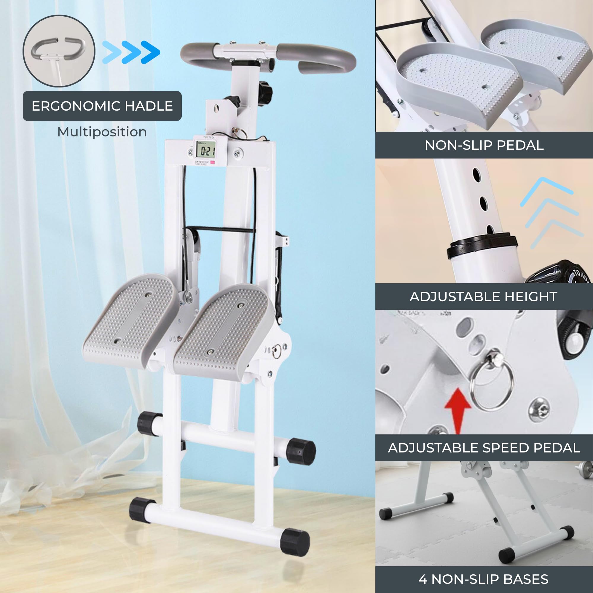 Máquina Escalada. Escalador de Fitness Plegable, Escalones Entrenamiento con Manillar y Pedales. Pantalla LCD y Resistencia Ajustable para Ejercicio Cardio en Casa.