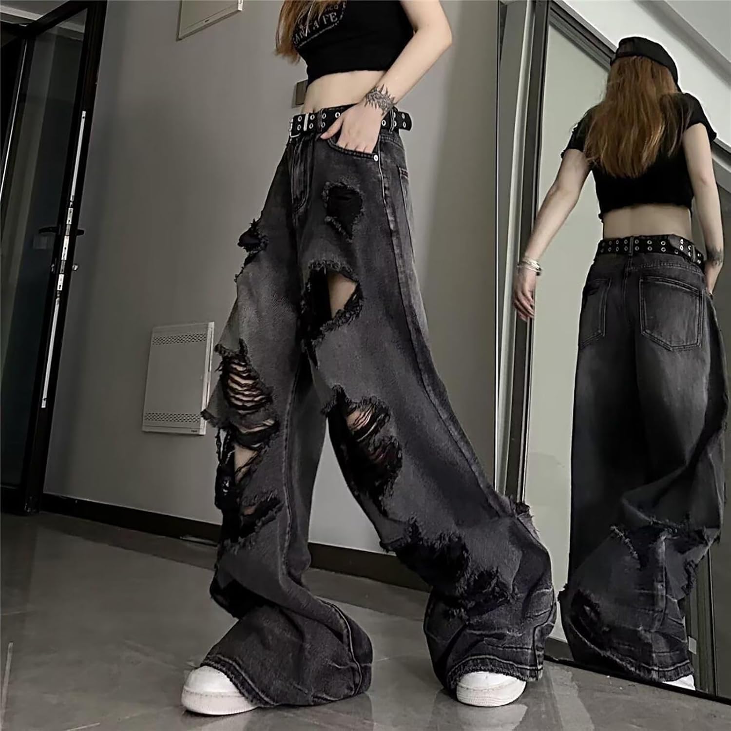 Y2K Baggy Ripped Jeans for Women Men Wide-Leg Retro Distressed Grunge Goth Emo Pants Hip-hop Casual Fashion Streetwear