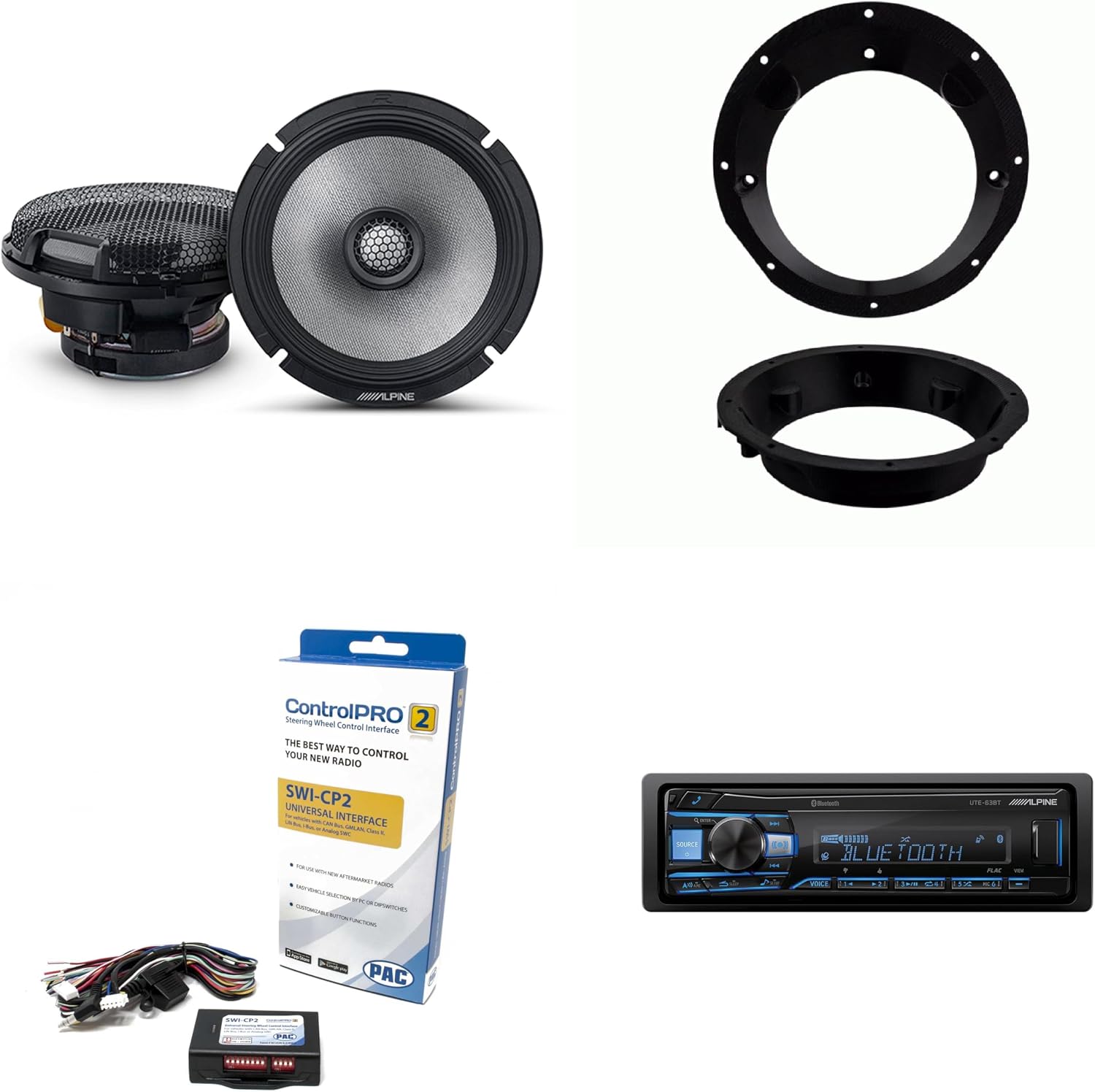 Alpine UTE-63BT Bluetooth Receiver 6.5 in R2 Speaker Bundle