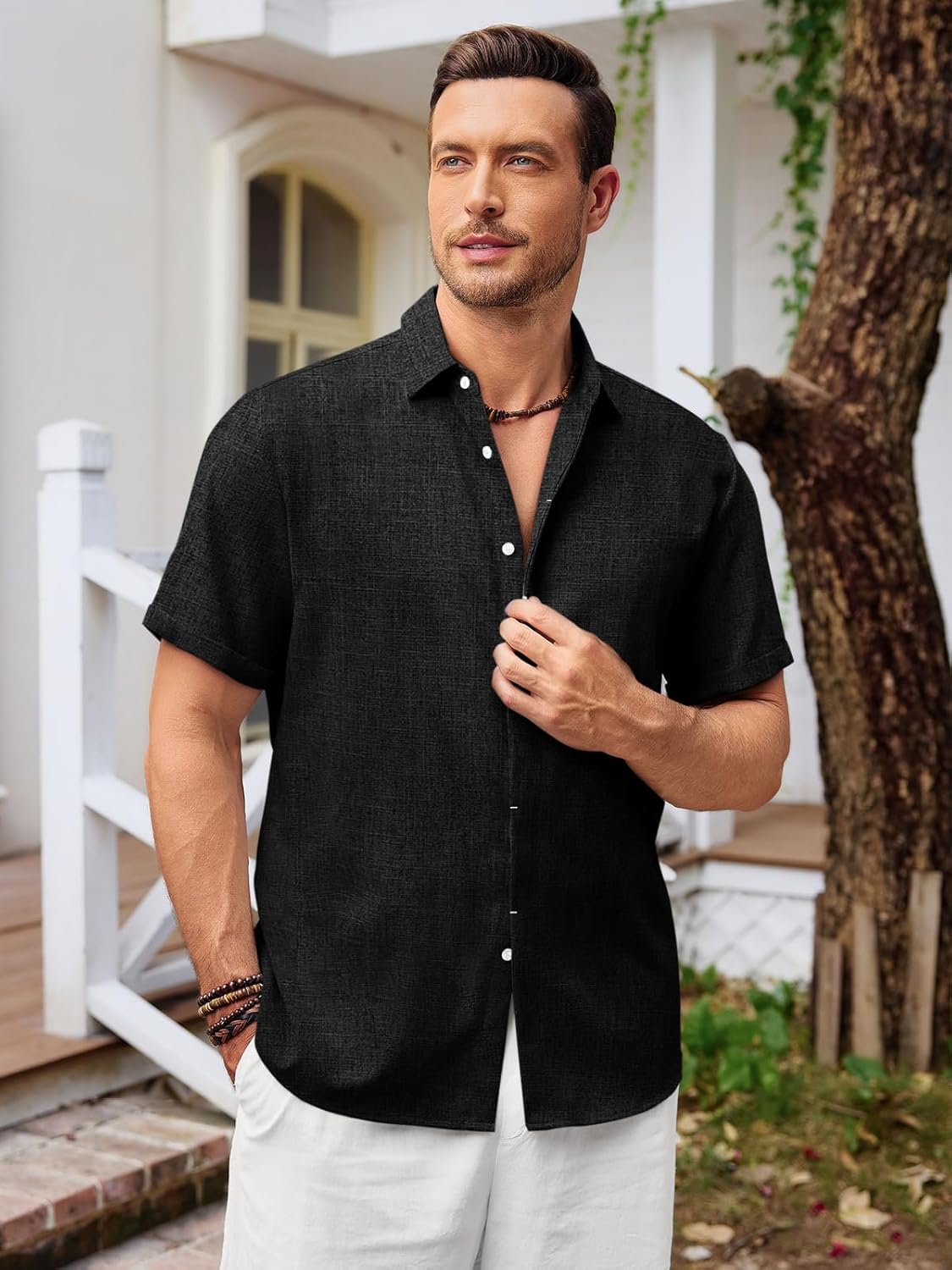 Runcati Mens Short Sleeve Linen Shirts Button Down Casual Texture Summer Beach Wedding Tops - Image 2