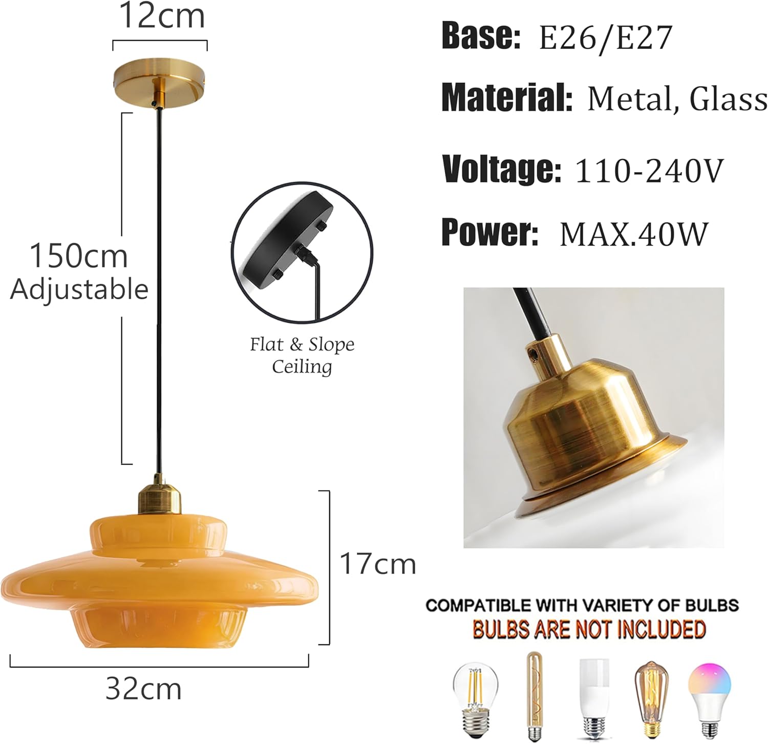 Mid-Century Milk Glass Pendant Light with Gold Metal Holder, Indoor Ceiling Hanging Lamp, E26 Farmhouse Modern Lighting for Kitchen Island, Dining, Living Room (Cream Yellow, A)