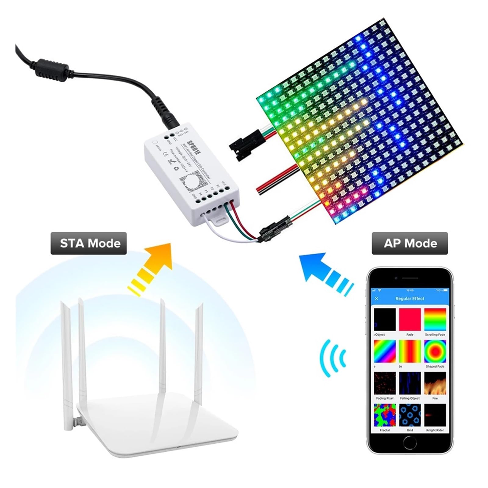 SP801E kontroler LED WiFi moduł panelu WS2812B WS2811 SK6812 taśma świetlna RGB sterowanie bezprzewodową aplikacją DC5-24V