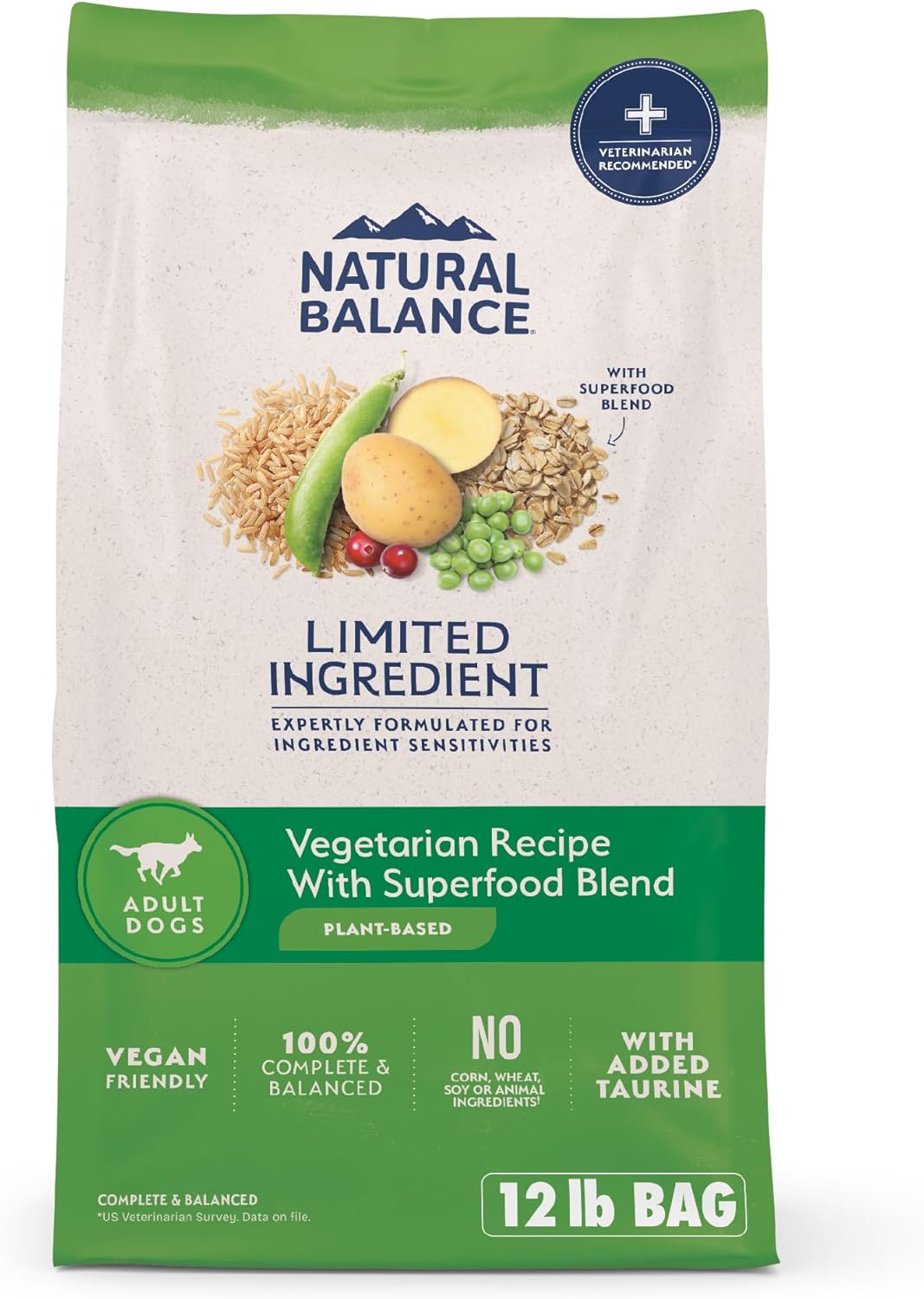 Natural Balance Limited Ingredient Adult Dry Dog Food with Vegan Plant Based Protein and Healthy Grains, Vegetarian Recipe, 12 Pound (Pack of 1)