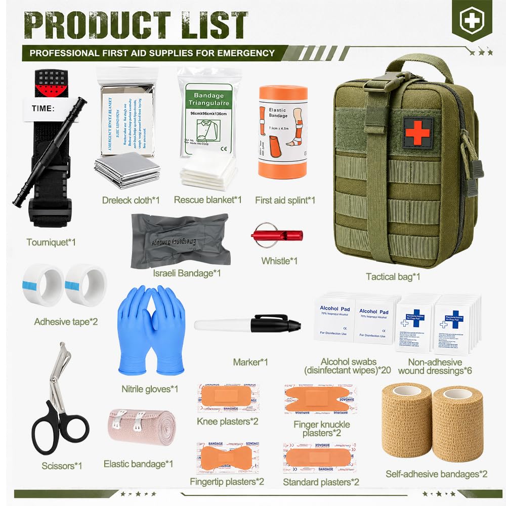 Kit Pronto Soccorso Militare, 61 Pezzi Kit di Primo Soccorso per Esterni per Campeggio, Escursioni, Casa Borsa di Pronto Soccorso Trauma First Aid Kit per Campeggio, Escursionismo e Uso Domestico