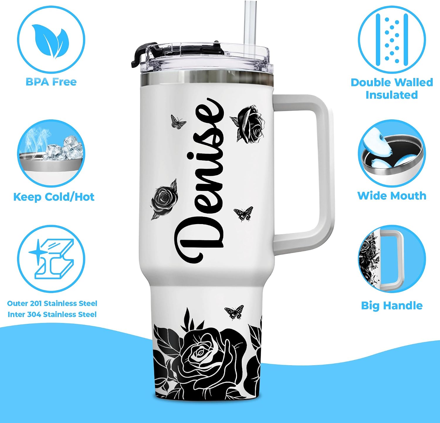 Hyturtle Personalized Skull 40oz Tumbler with Handle and Straw For Skull Lovers, Floral Skeleton Gifts For Girls Women, Custom Name Insulated Stainless Steel Travel Cup With Lid, Birthday Gift