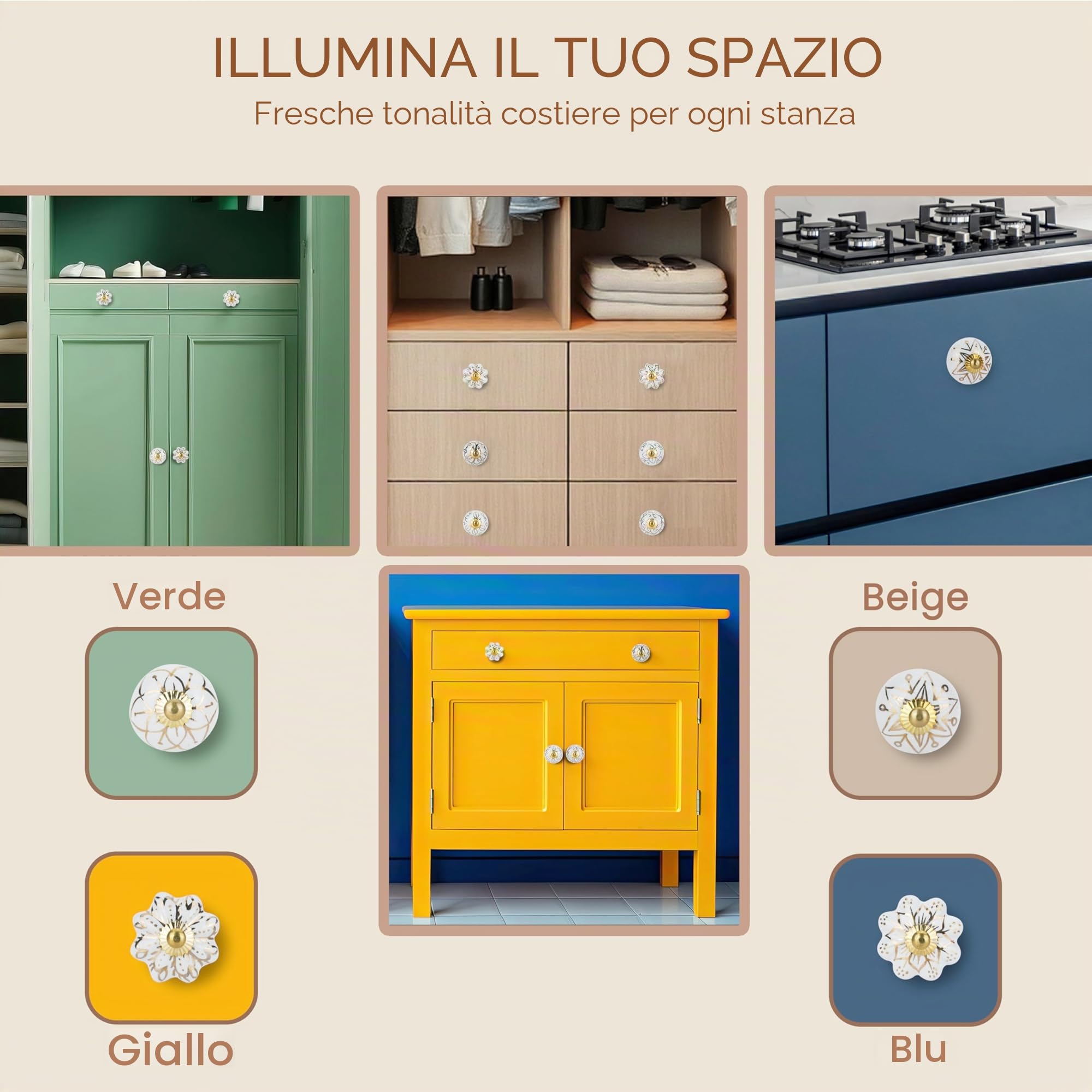 Ajuny Set di 20 Pomelli in Ceramica Bianchi e Dorati per Ante di Armadi Cassetti e Mobili Maniglie Decorative in Ceramica Fatte a mano per Mobili da Cucina Cassettiere da Bagno