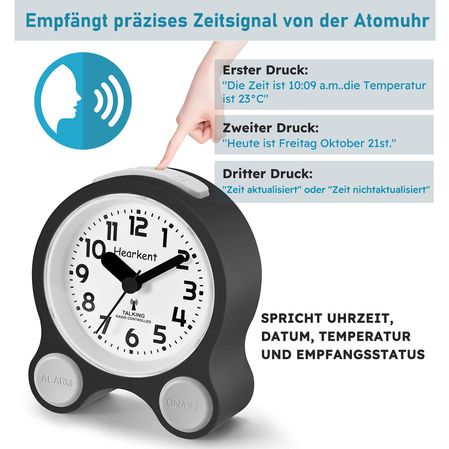 Hearkent Sprechende Wecker,Funk-Sprechuhr mit Deutscher Stimme-2218 Schwarz | Hintergrundbeleuchtung und 5 separaten Alarmsätzen,Ideal für Senioren,Blinde,Demenzkranke und sehbehinderte