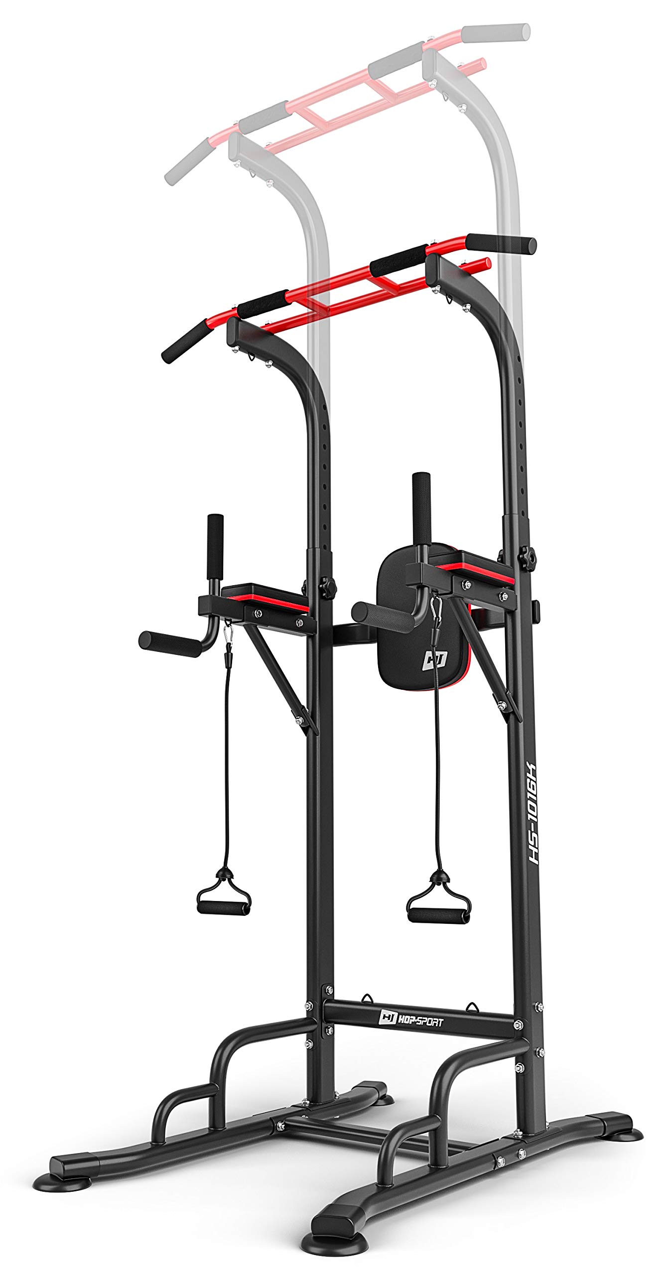 HOP-SPORT® Power Tower HS-1016K avec station de dips, tour de musculation multifonction complet avec barre de traction réglable, Chaise Romaine avec poignées antidérapantes 2 extenseurs, max. 150 kg