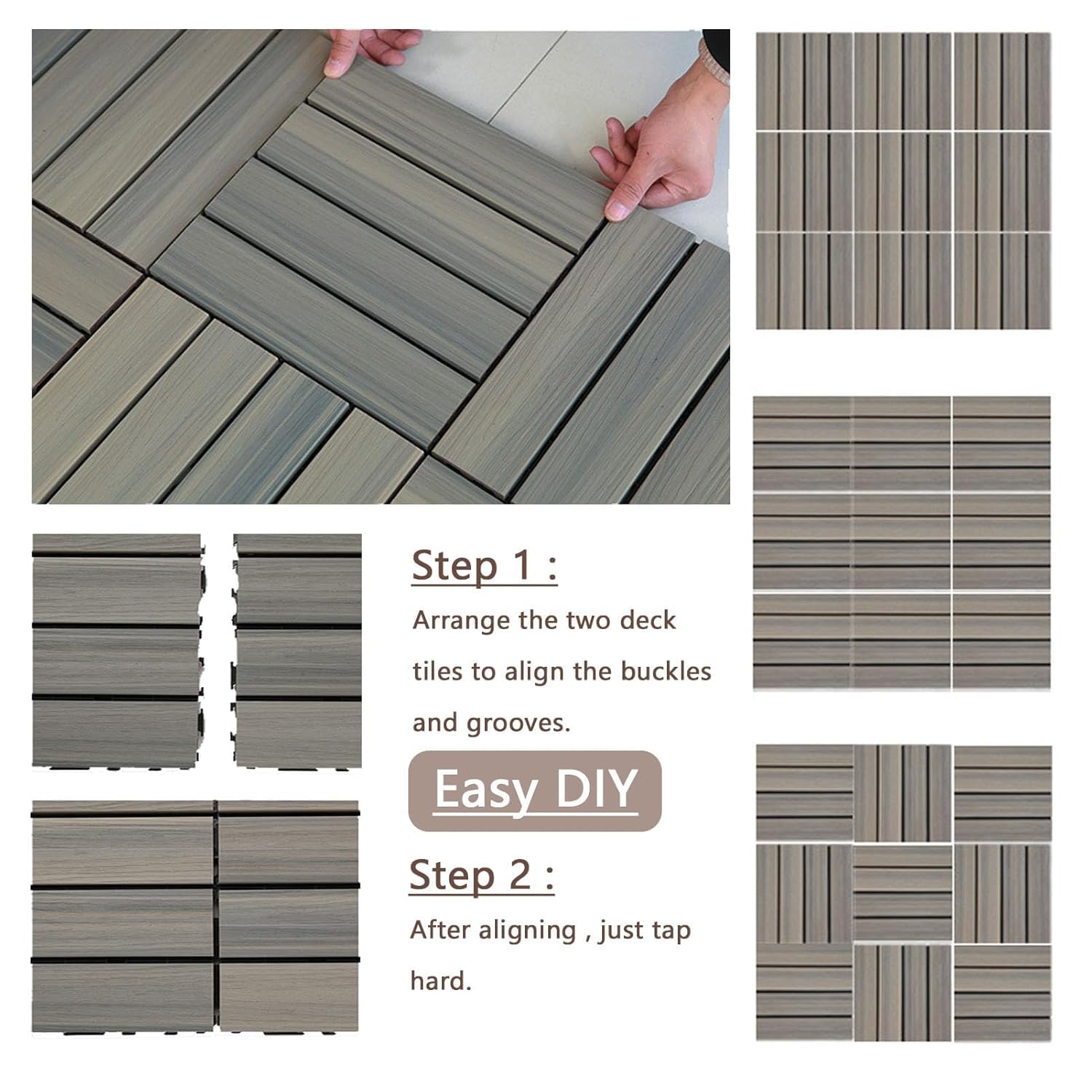 Tarimas entrelazadas de Composite de Madera y plástico para Exteriores, tarimas de Madera y plástico para Jardines, pasillos y Patios, Juego de 11 Piezas (imitación de Teca).