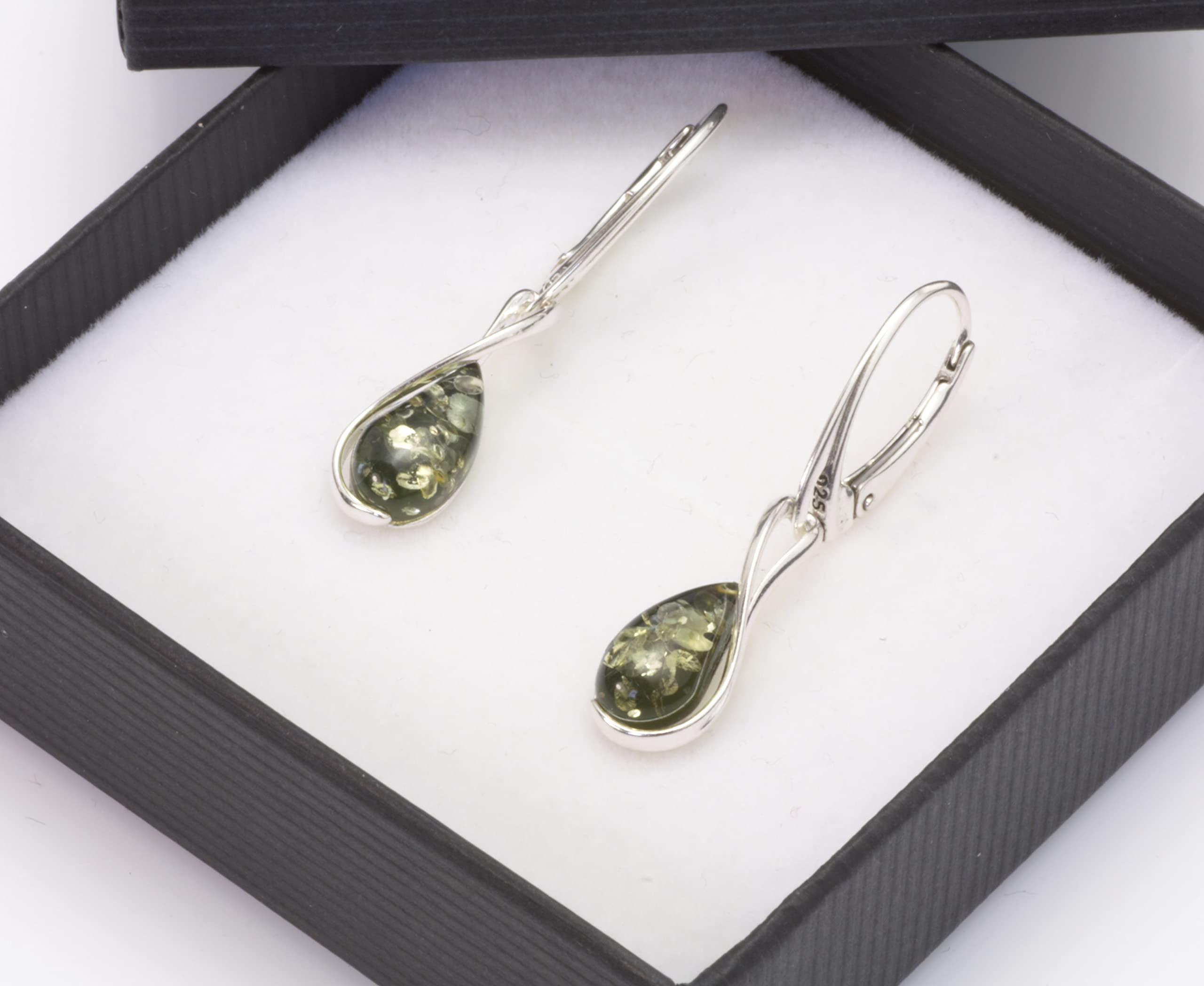 Pendientes de Plata de Ley 925 de ámbar báltico, Colgantes Colgantes, joyería de ámbar de Piedras Preciosas Verdes Naturales para Mujer, Pendientes con Palanca Trasera