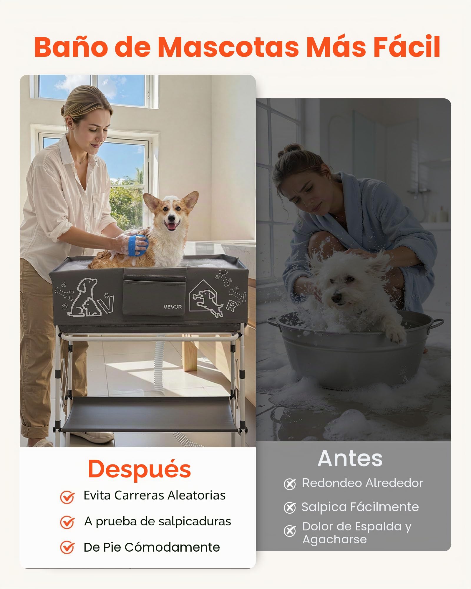 VEVOR Bañera Elevada para Perros Gatos con Soporte, Bañera Plegable Portátil para Mascotas Pequeñas y Medianas hasta 30 kg, Estación de Baño con Estructura en X, Desagüe, Estante y Barra para Toallas