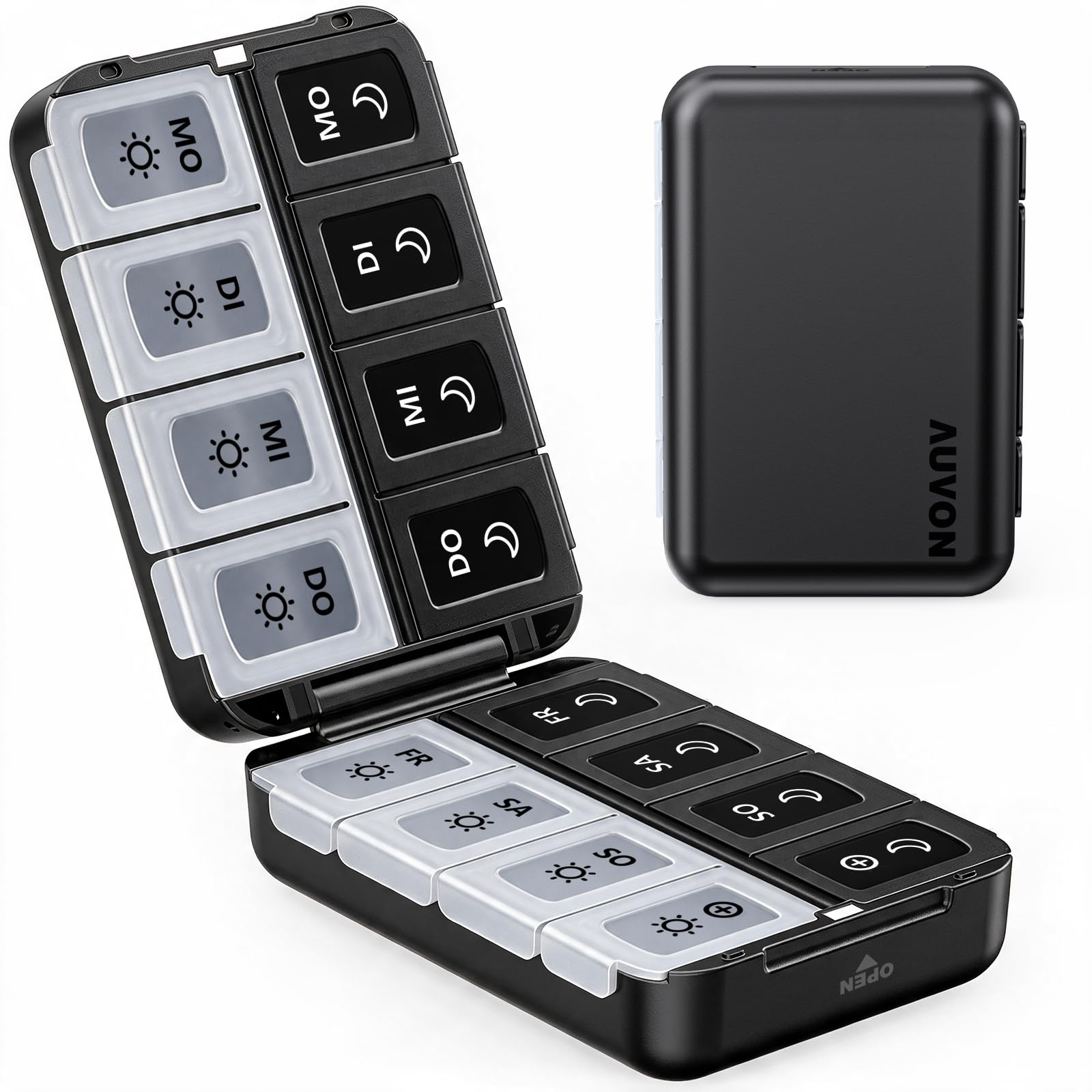 AUVON Reise Tablettenbox 7 Tage Morgens Abends, Magnet‑klappbar, BPA-frei | Kompakte Medikamentenbox mit großem Fassungsvermögen, zweifarbige Markierungen, blickdicht, Pillendose für Fischöl & Vitamine