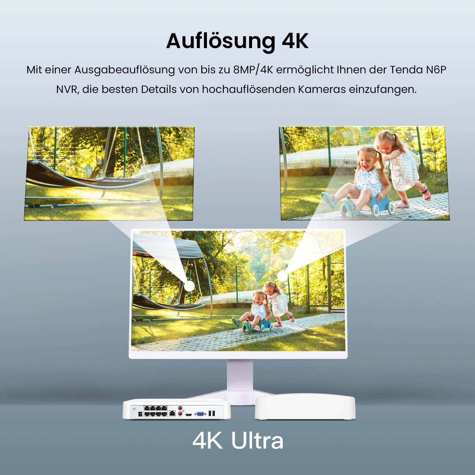 Tenda NVR Überwachungssystem Rekorder 4K, 8CH PoE NVR Recorder, 250m Langstreckenübertragung, H.265+, Plug und Play, HDD(bis zu 10TB)/Cloud Storage, 4KV Blitzschutz, APP Fernüberwachung, N6P-8H