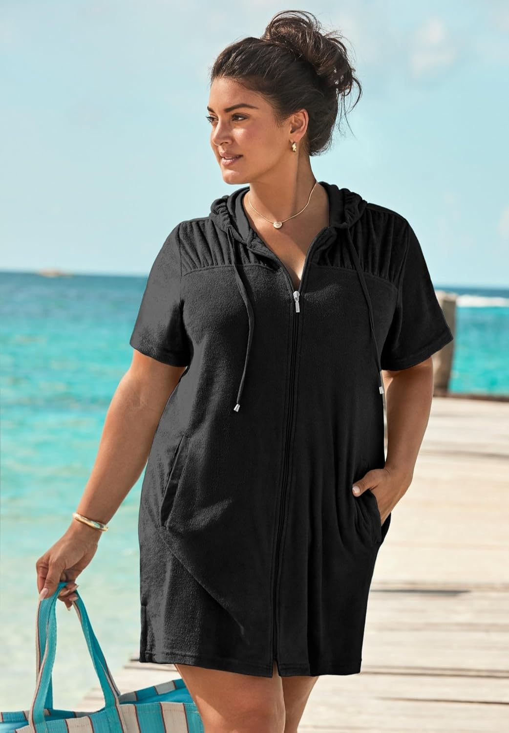 Swimsuits For All Women's Plus Size Short Sleeve Sport Alana Terry Cloth Cover Up Hoodie