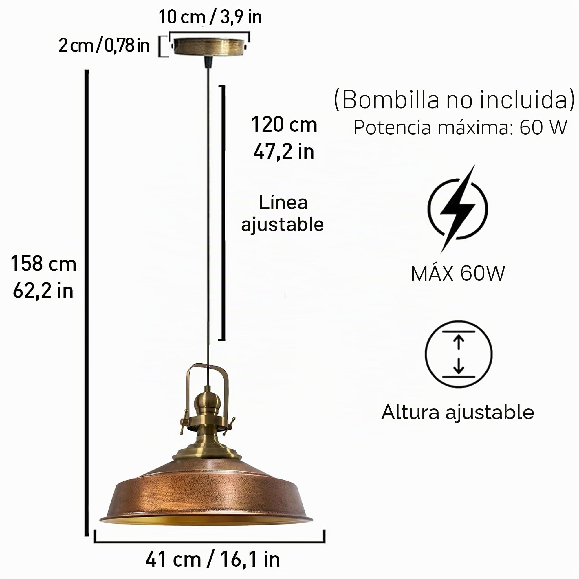 bamyum Asletl Antiguo Lampara Techo Colgante Metal 40 cm, Lamparas Cocina, Lampara Techo Dormitorio E27 Comedo, Salon, Lamparas Mesa Comedor para Niños y Adultas, Lámpara Colgante Tono Cobre