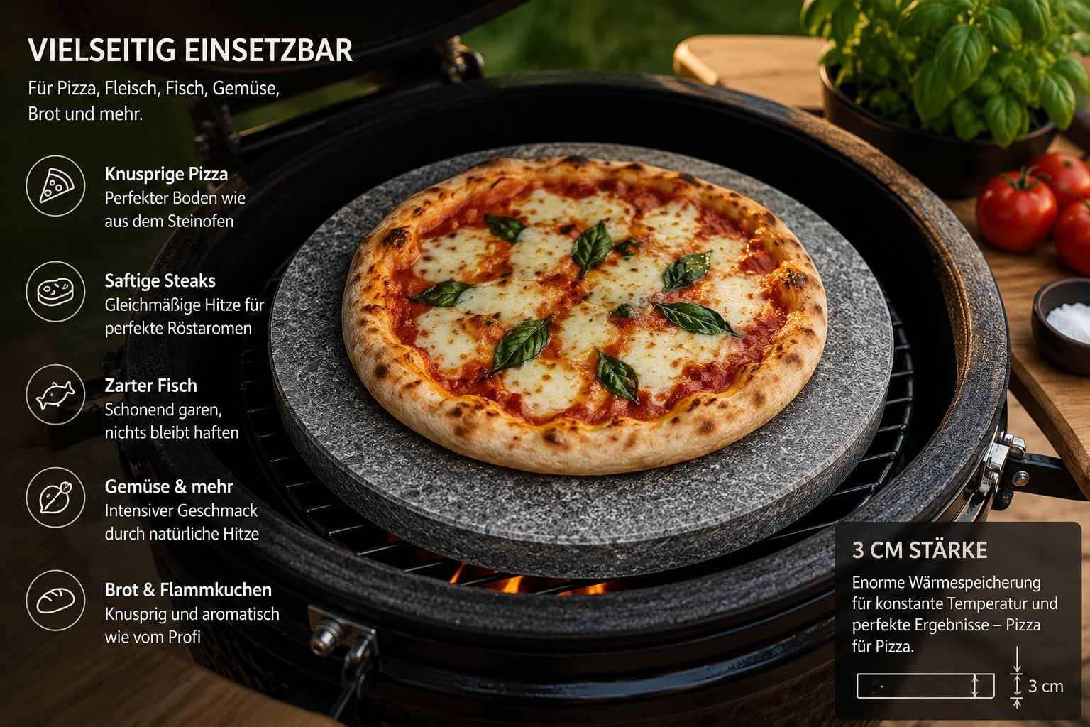 SLATEEX® Speckstein Grill- & Pizzastein Ø 33 cm | 3 cm Stärke | Naturstein | Für Monolith ICON, Kamado, Kugelgrill, Backofen & Pizzaofen 33 cm durchmesser masive stärke von 3cm | Made in Italy